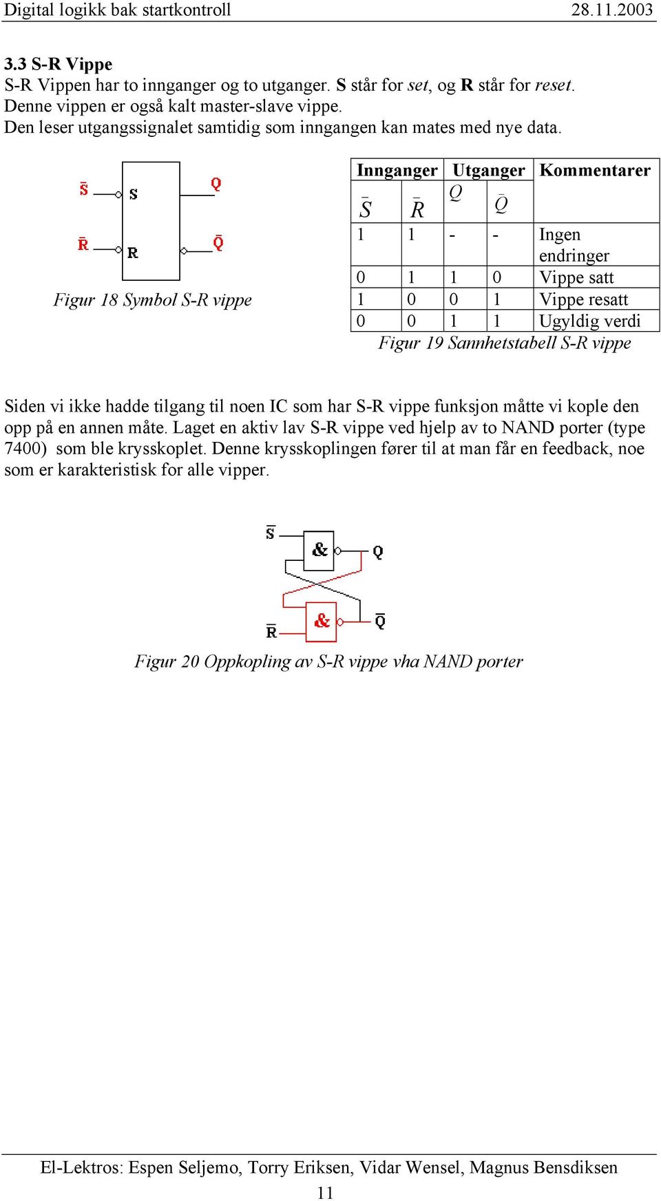 Figur 18 Symbol S-R vippe Innganger _ S _ R Utganger Kommentarer _ Q Q 1 1 - - Ingen endringer 0 1 1 0 Vippe satt 1 0 0 1 Vippe resatt 0 0 1 1 Ugyldig verdi Figur 19 Sannhetstabell S-R