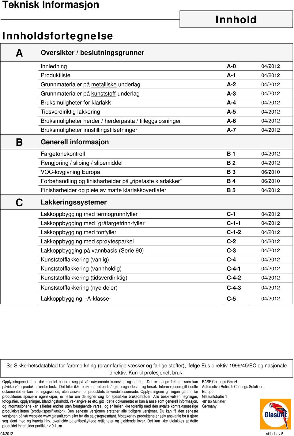 innstillingstilsetninger A-7 04/2012 Generell informasjon Fargetonekontroll B 1 04/2012 Rengjøring / sliping / slipemiddel B 2 04/2012 VOC-lovgivning Europa B 3 06/2010 Forbehandling og