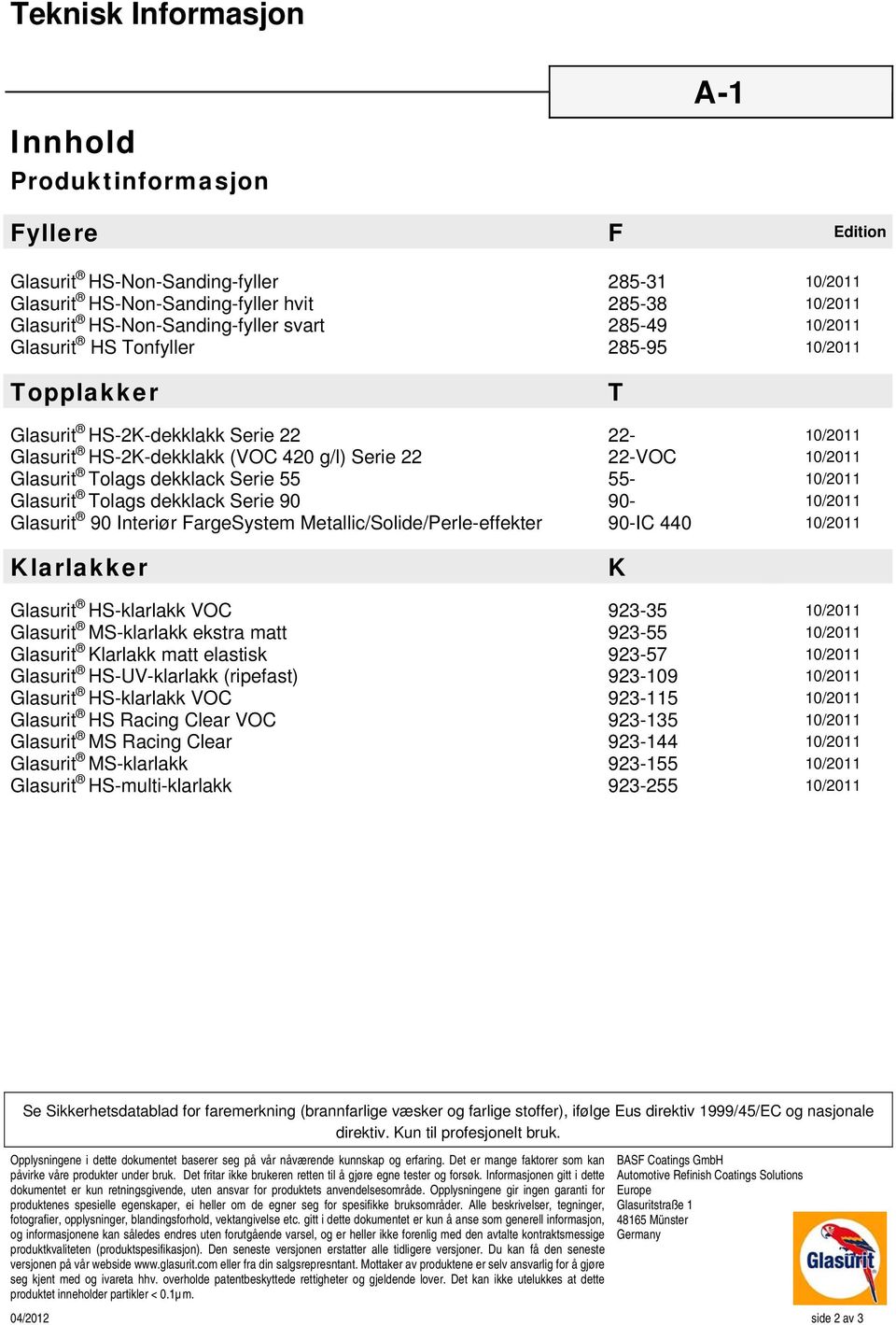 55-10/2011 Glasurit Tolags dekklack Serie 90 90-10/2011 Glasurit 90 Interiør FargeSystem Metallic/Solide/Perle-effekter 90-IC 440 10/2011 Klarlakker K Glasurit HS-klarlakk VOC 923-35 10/2011 Glasurit