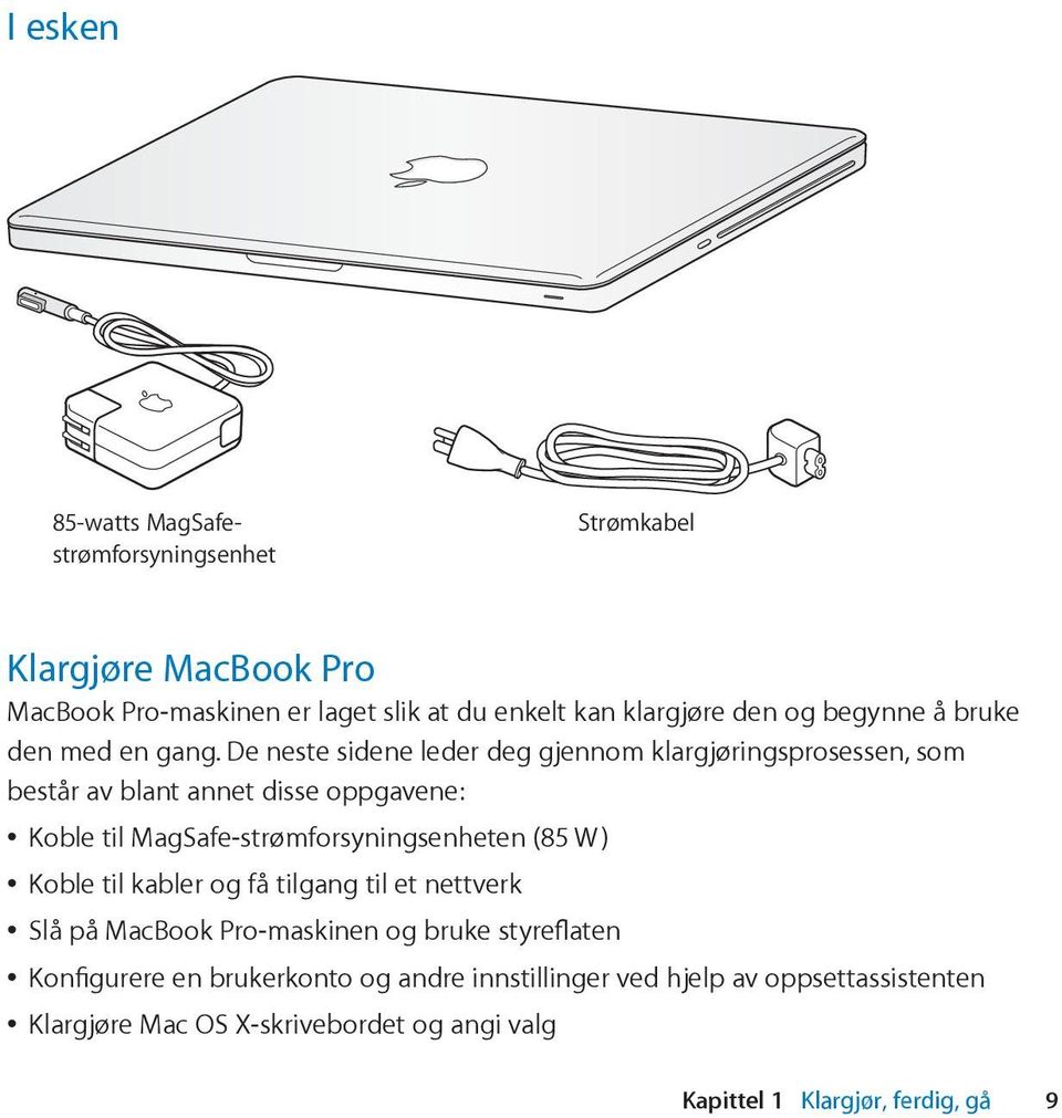 De neste sidene leder deg gjennom klargjøringsprosessen, som består av blant annet disse oppgavene: Koble til MagSafe-strømforsyningsenheten (85