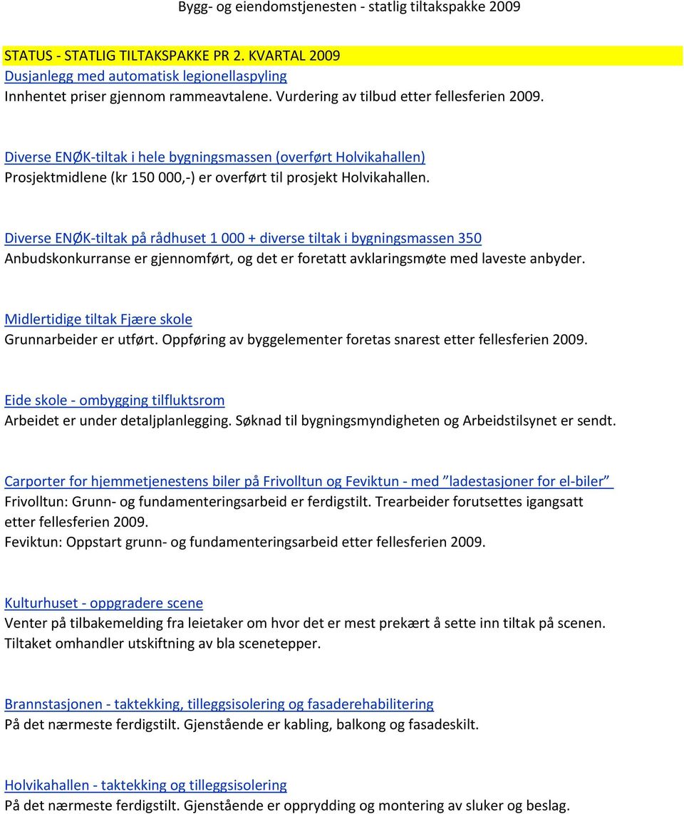 Diverse ENØK-tiltak på rådhuset 1 000 + diverse tiltak i bygningsmassen 350 Anbudskonkurranse er gjennomført, og det er foretatt avklaringsmøte med laveste anbyder.