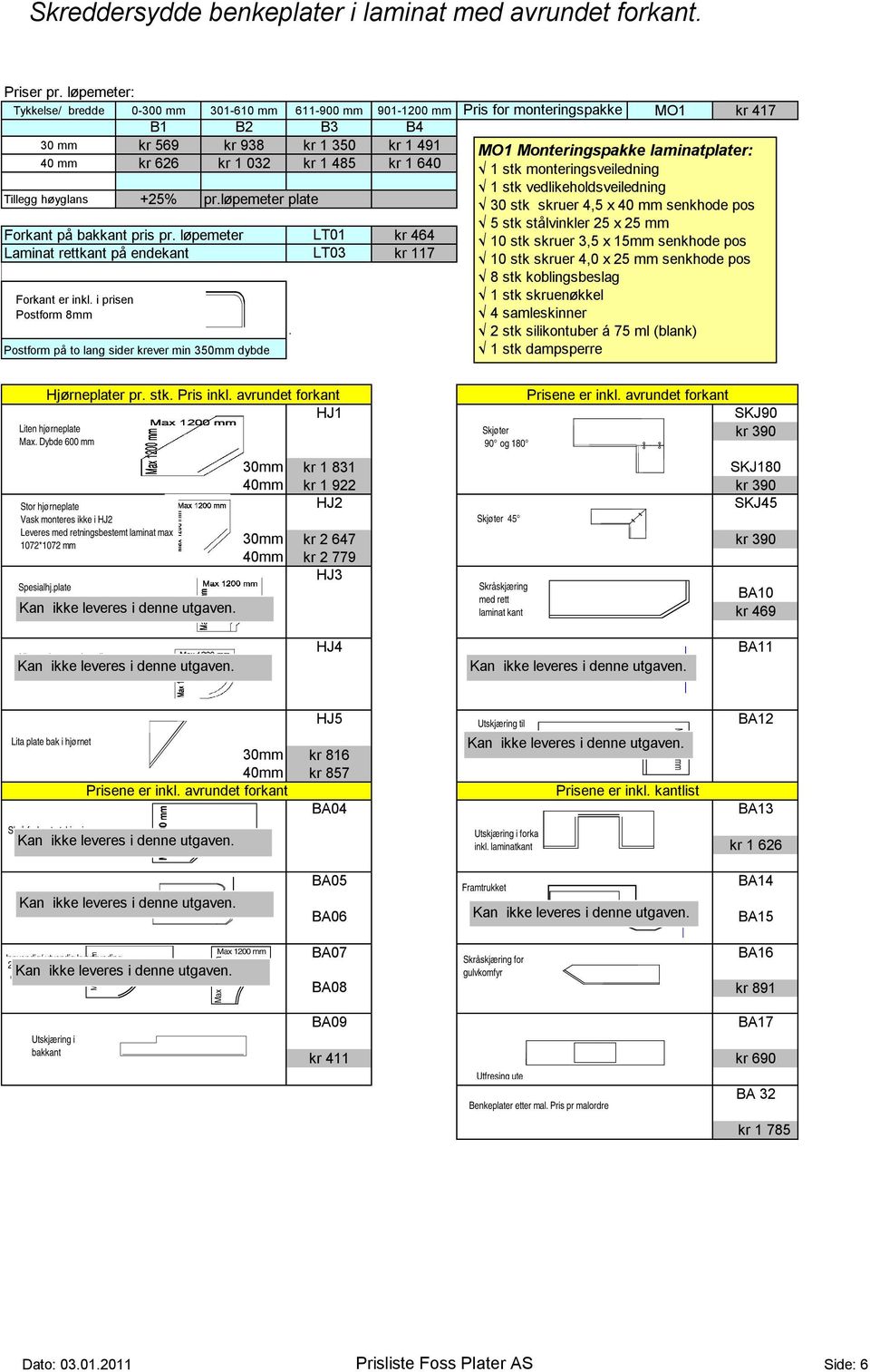 Tillegg høyglans +25% pr.løpemeter plate Forkant på bakkant pris pr. løpemeter LT01 kr 464 Laminat rettkant på endekant LT03 kr 117 Forkant er inkl.