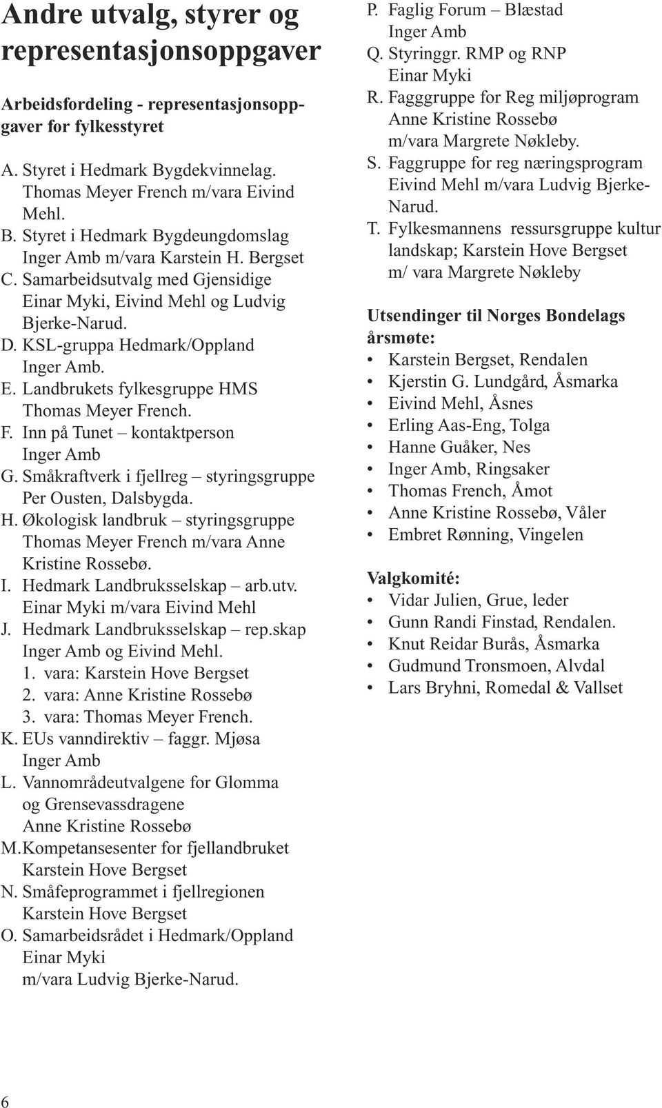 ench. F. Inn på Tunet kontaktperson Inger Amb G. Småkraftverk i fjellreg styringsgruppe Per Ousten, Dalsbygda. H. Økologisk landbruk styringsgruppe Thomas Meyer French m/vara Anne Kristine Rossebø. I. Hedmark Landbruksselskap arb.