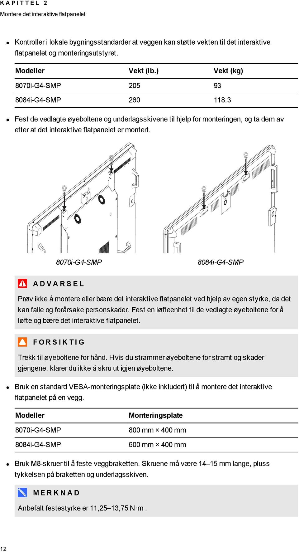 8070i-G4-SMP 8084i-G4-SMP A D V A R S E L Prøv ikke å montere eller bære det interaktive flatpanelet ved hjelp av egen styrke, da det kan falle og forårsake personskader.