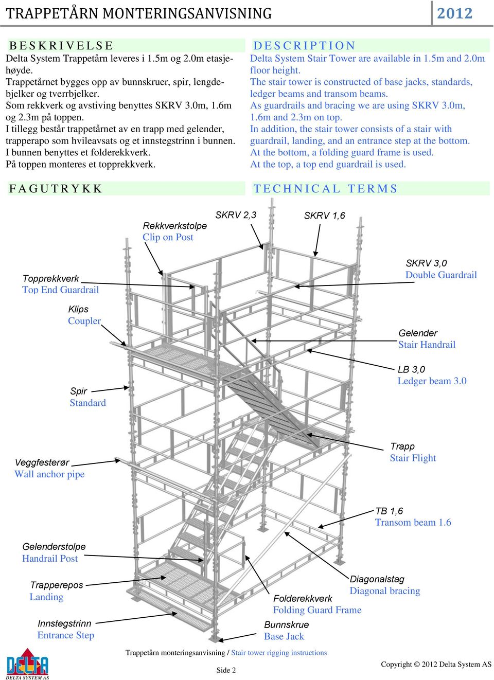 På toppen monteres et topprekkverk. F A G U T R Y K K D E S C R I P T I O N Delta System Stair Tower are available in 1.5m and 2.0m floor height.