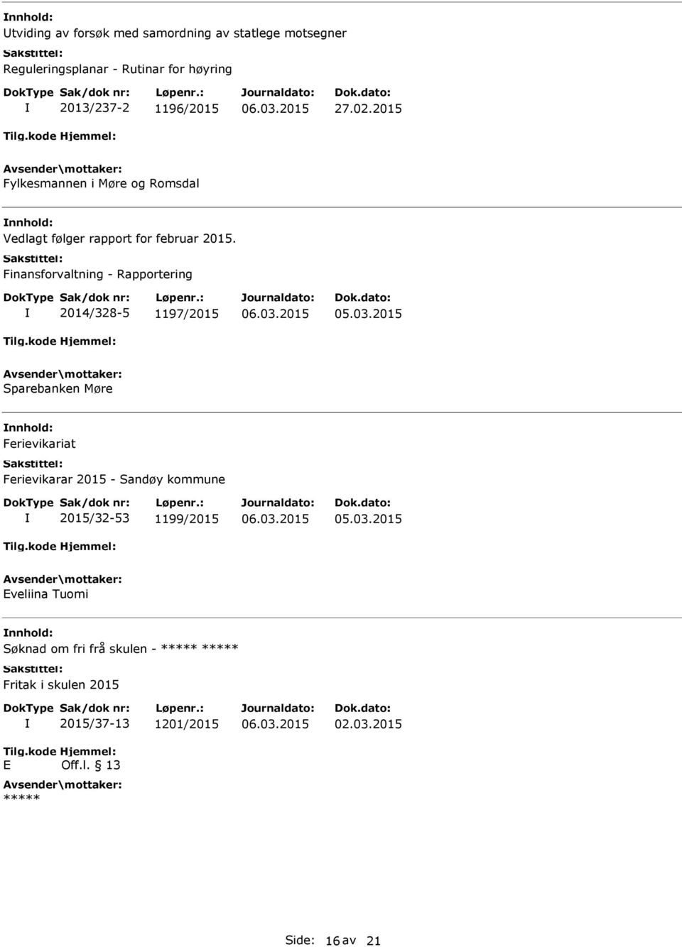 Finansforvaltning - Rapportering 2014/328-5 1197/2015 Sparebanken Møre Ferievikariat Ferievikarar 2015 - Sandøy kommune