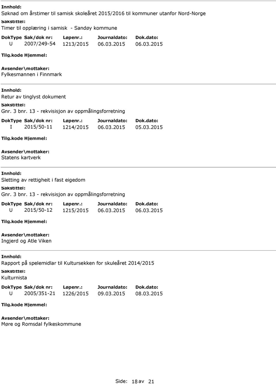 13 - rekvisisjon av oppmålingsforretning 2015/50-11 1214/2015 Statens kartverk Sletting av rettigheit i fast eigedom Gnr. 3 bnr.