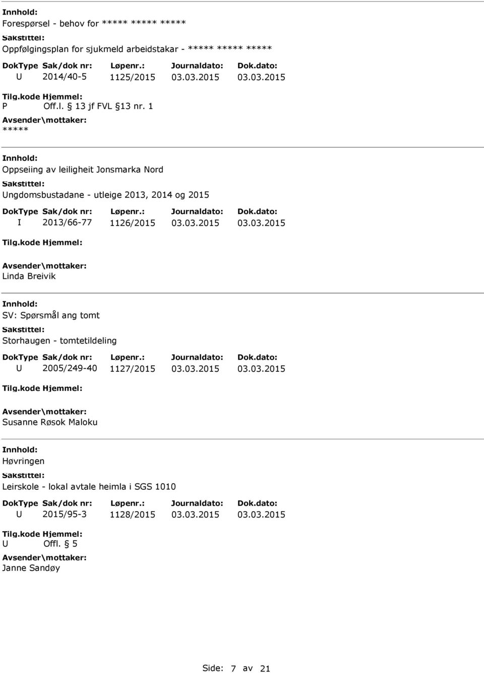 1 ***** Oppseiing av leiligheit Jonsmarka Nord ngdomsbustadane - utleige 2013, 2014 og 2015 2013/66-77 1126/2015 Linda