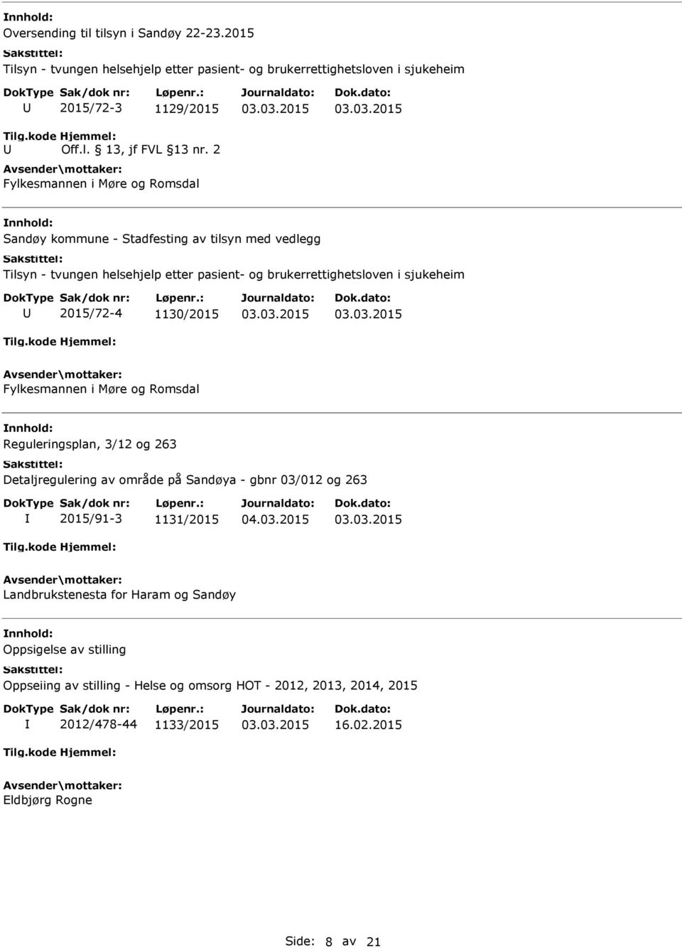 2015/72-4 1130/2015 Fylkesmannen i Møre og Romsdal Reguleringsplan, 3/12 og 263 Detaljregulering av område på Sandøya - gbnr 03/012 og 263 2015/91-3 1131/2015