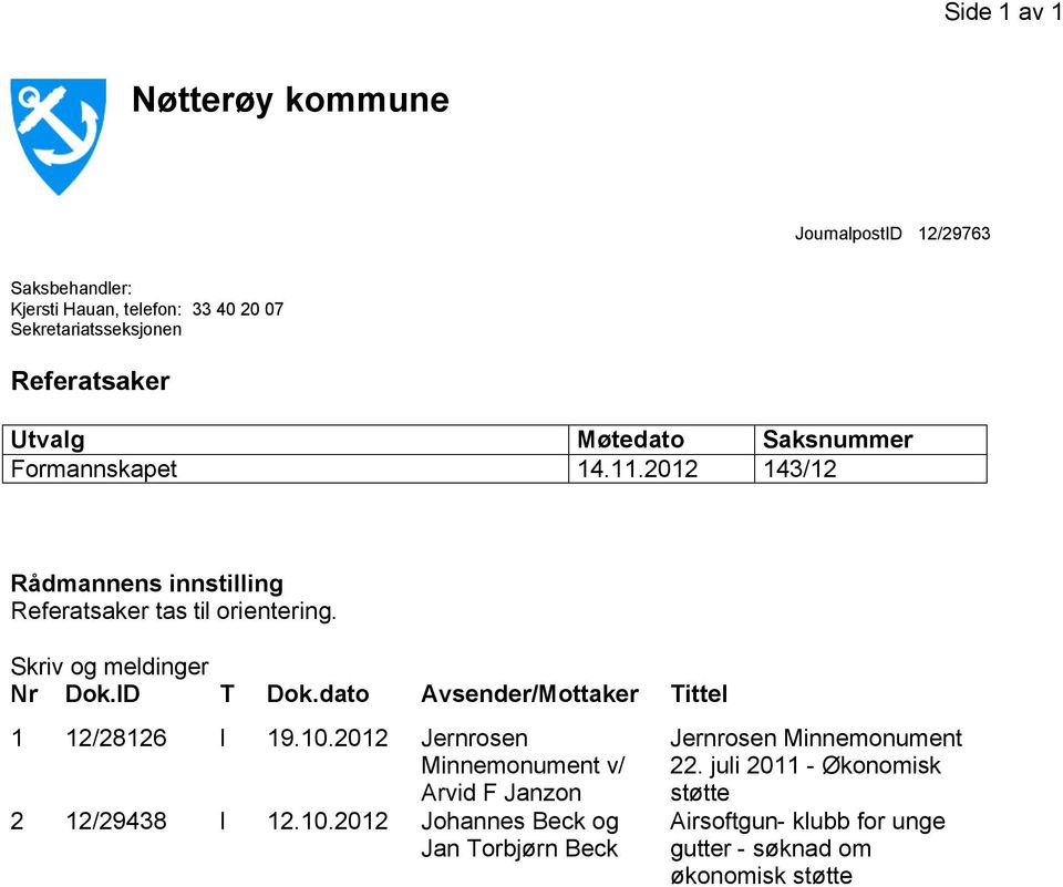 Skriv og meldinger Nr Dok.ID T Dok.dato Avsender/Mottaker Tittel 1 12/28126 I 19.10.