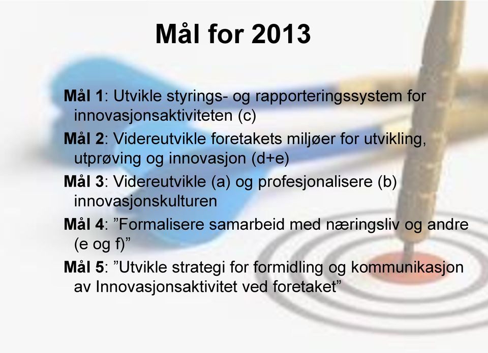 (a) og profesjonalisere (b) innovasjonskulturen Mål 4: Formalisere samarbeid med næringsliv og andre