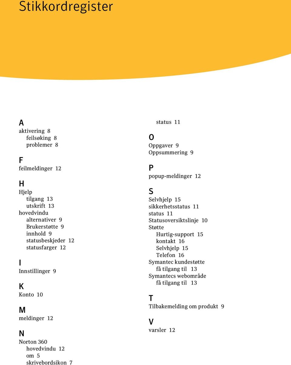 O Oppgaver 9 Oppsummering 9 P popup-meldinger 12 S Selvhjelp 15 sikkerhetsstatus 11 status 11 Statusoversiktslinje 10 Støtte Hurtig-support 15