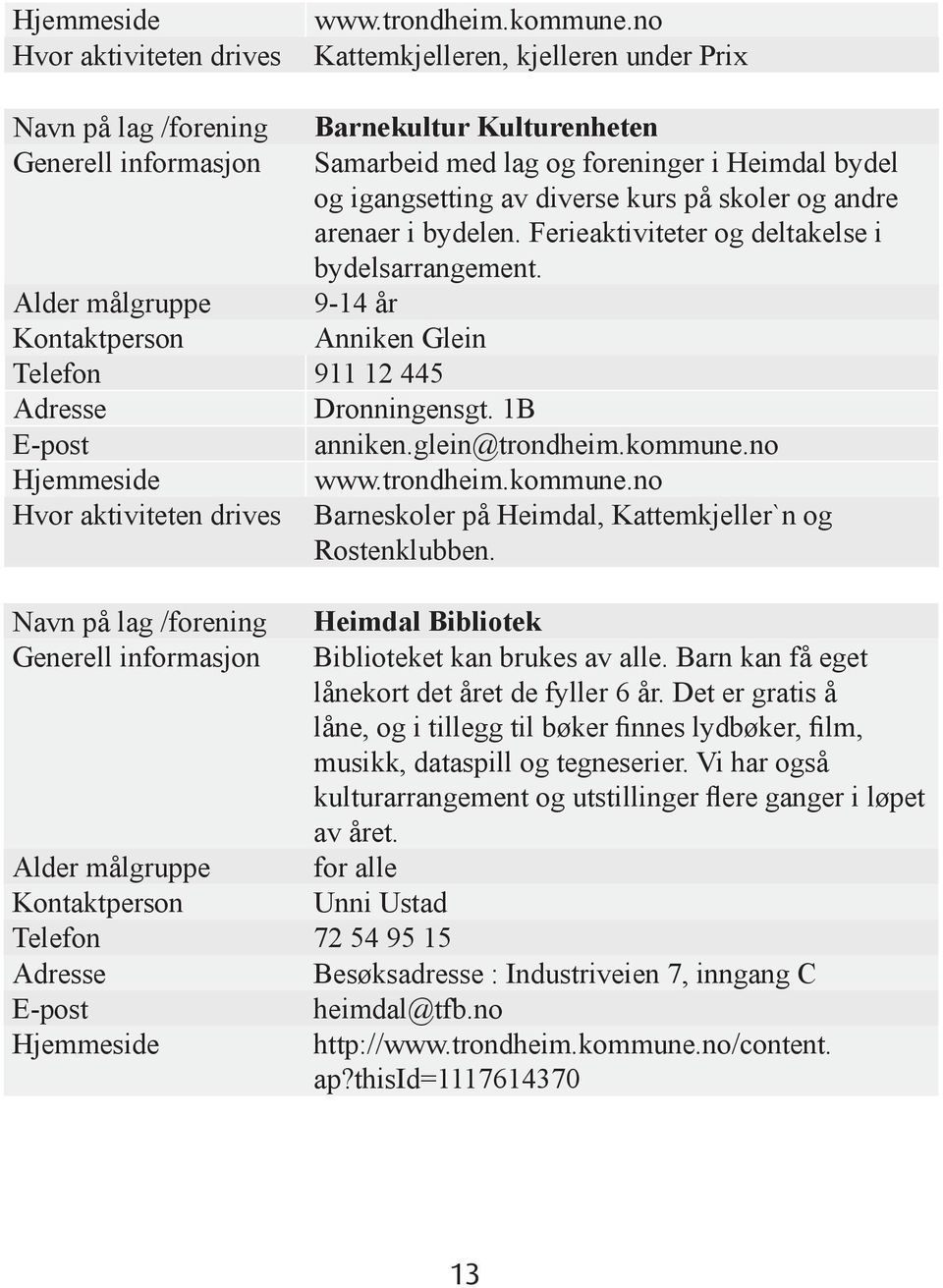 og andre arenaer i bydelen. Ferieaktiviteter og deltakelse i bydelsarrangement. Alder målgruppe 9-14 år Kontaktperson Anniken Glein Telefon 911 12 445 Dronningensgt. 1B anniken.glein@trondheim.