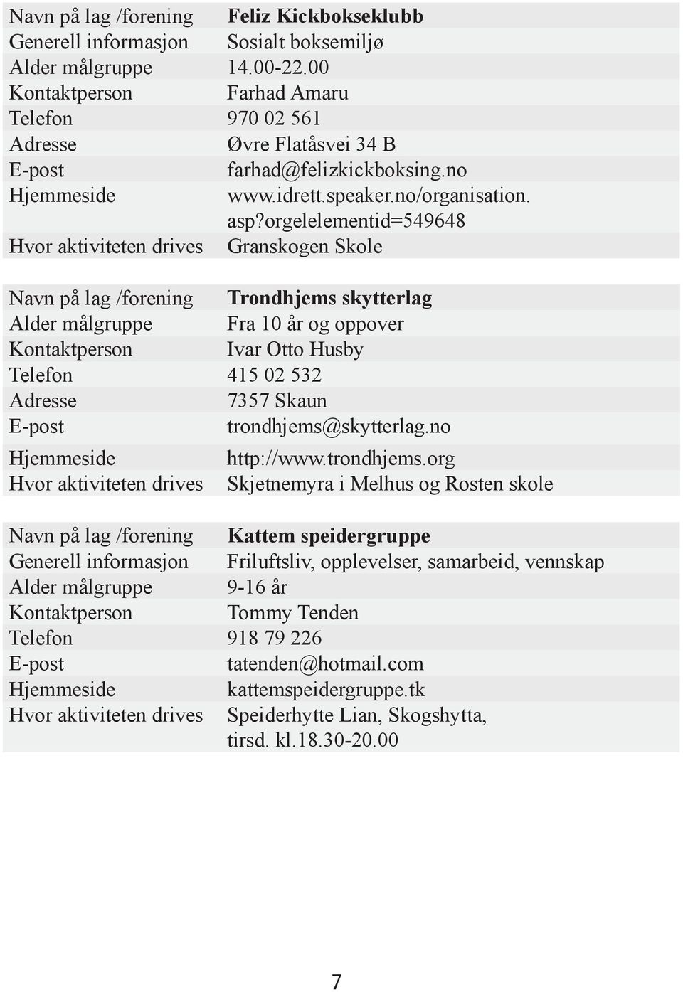 orgelelementid=549648 Hvor aktiviteten drives Granskogen Skole Navn på lag /forening Trondhjems skytterlag Alder målgruppe Fra 10 år og oppover Kontaktperson Ivar Otto Husby Telefon 415 02 532 7357