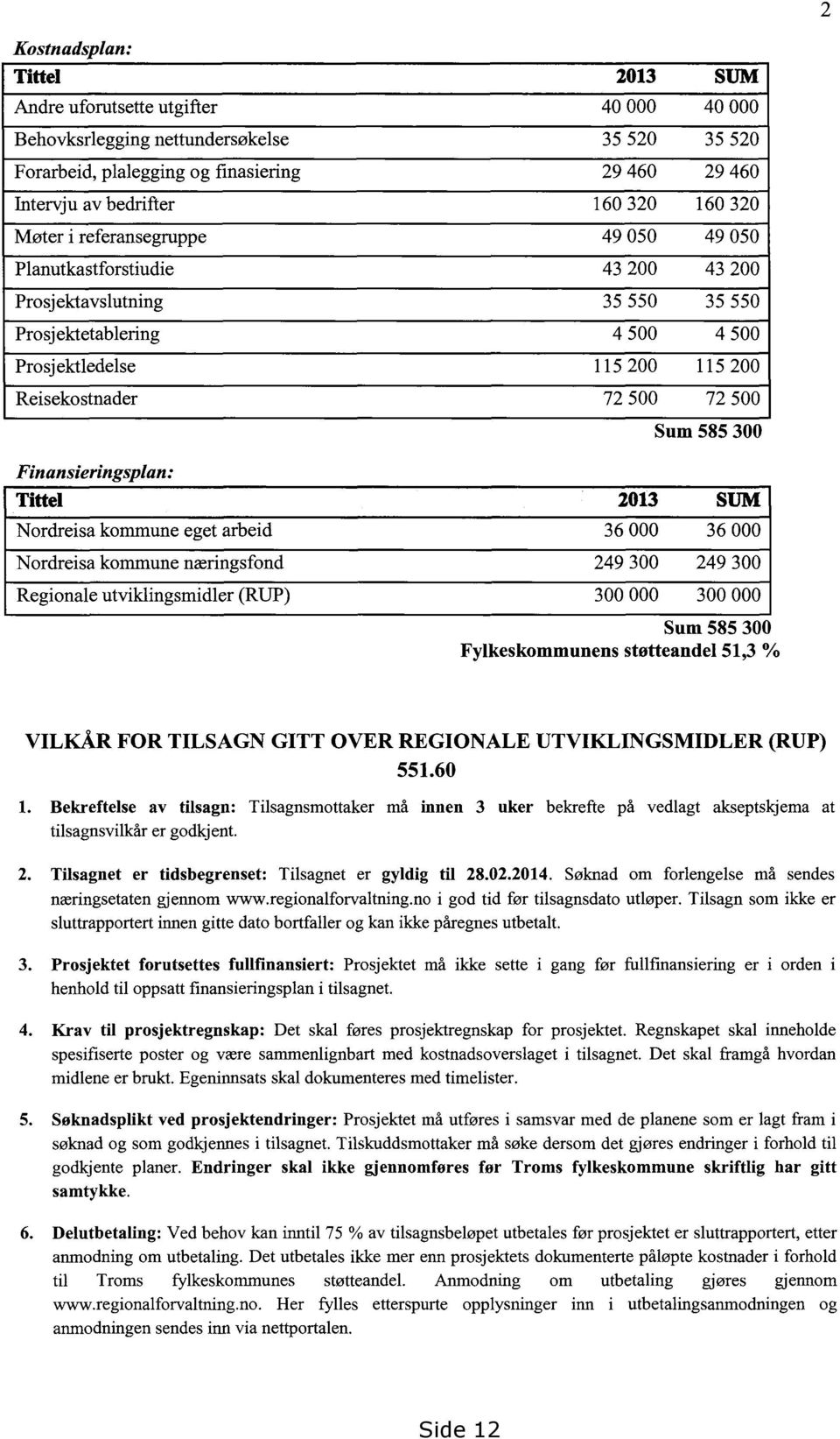 72 500 Sum 585 300 Finansieringsplan: Tittel 2013 SUM Nordreisa kommune eget arbeid 36 000 36 000 Nordreisa kommune næringsfond 249 300 249 300 Regionale utviklingsmidler (RUP) 300 000 300 000 Sum