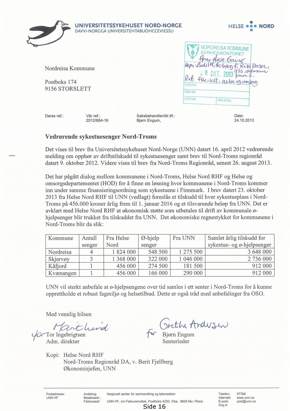 april 2012 vedrørende melding om opphør av driftstilskudd til sykestuesenger samt brev til Nord-Troms regionråd datert 9. oktober 2012. Videre vises til brev fra Nord-Troms Regionråd, senest 26.