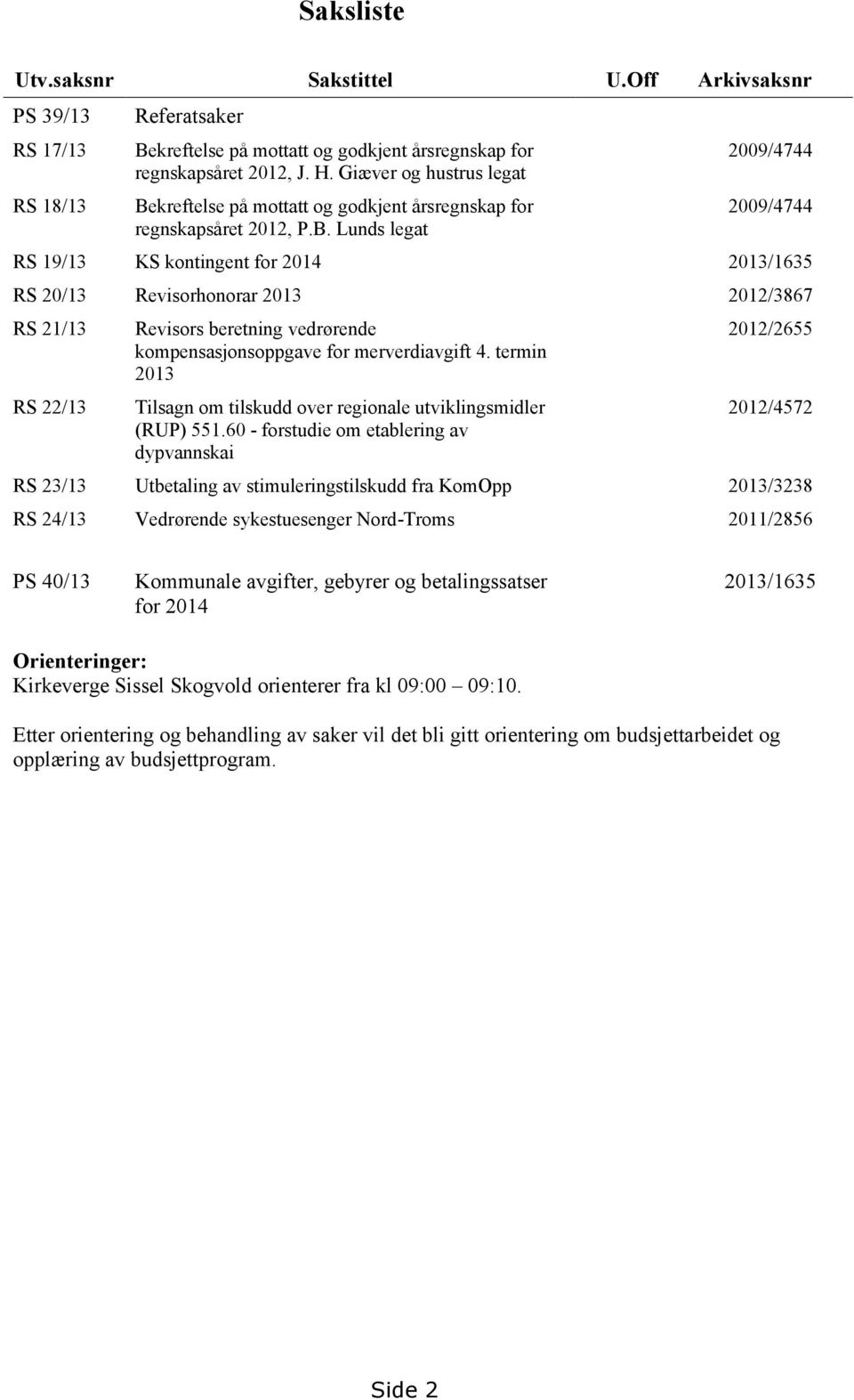 kreftelse på mottatt og godkjent årsregnskap for regnskapsåret 2012, P.B.