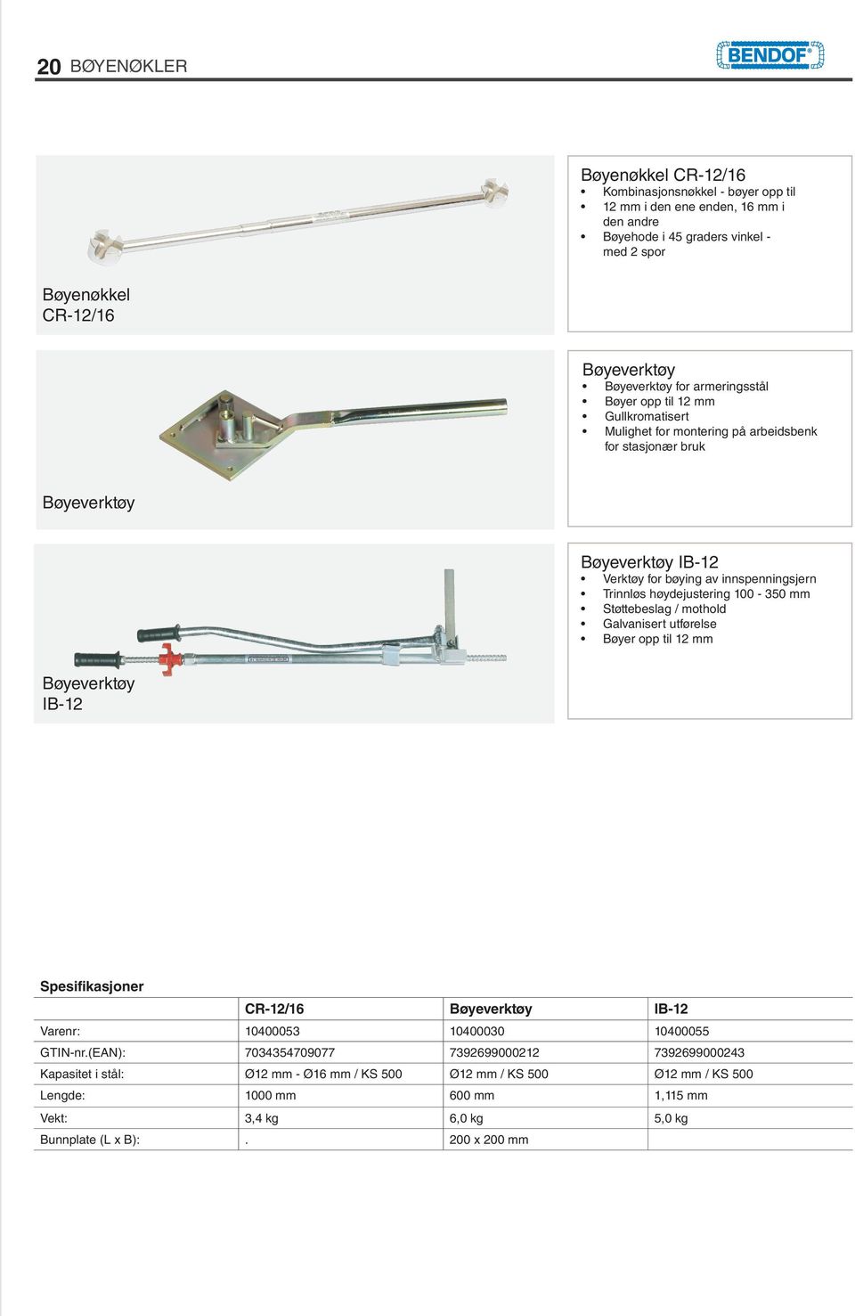 Trinnløs høydejustering 100-350 mm Støttebeslag / mothold Galvanisert utførelse Bøyer opp til 12 mm Bøyeverktøy IB-12 CR-12/16 Bøyeverktøy IB-12 Varenr: 10400053 10400030 10400055 GTIN-nr.