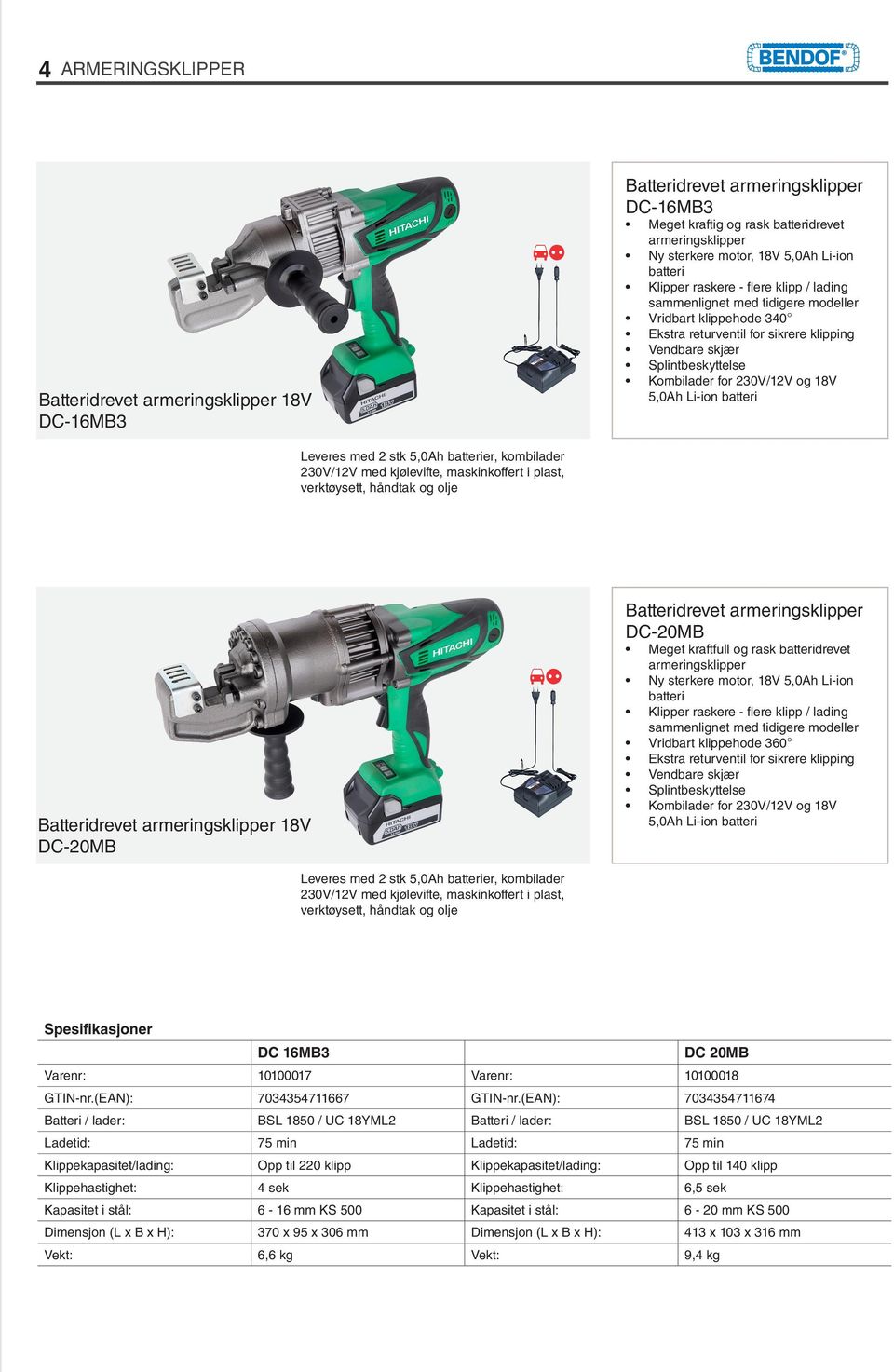 18V 5,0Ah Li-ion batteri Leveres med 2 stk 5,0Ah batterier, kombilader 230V/12V med kjølevifte, maskinkoffert i plast, verktøysett, håndtak og olje Batteridrevet armeringsklipper 18V DC-20MB