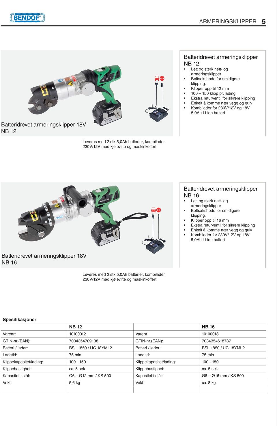 batterier, kombilader 230V/12V med kjølevifte og maskinkoffert Batteridrevet armeringsklipper NB 16 Lett og sterk nett- og armeringsklipper Boltsakshode for smidigere klipping.