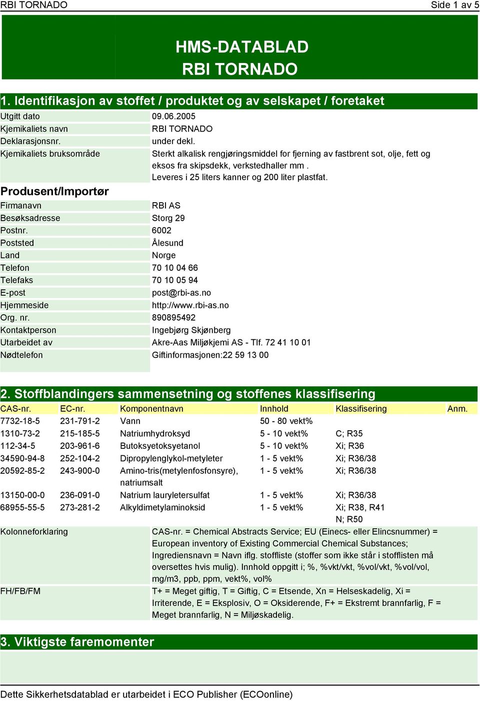 Produsent/Importør Firmanavn RBI AS Besøksadresse Storg 29 Postnr. 6002 Poststed Ålesund Land Norge Telefon 70 10 04 66 Telefaks 70 10 05 94 E-post post@rbi-as.no Hjemmeside http://www.rbi-as.no Org.