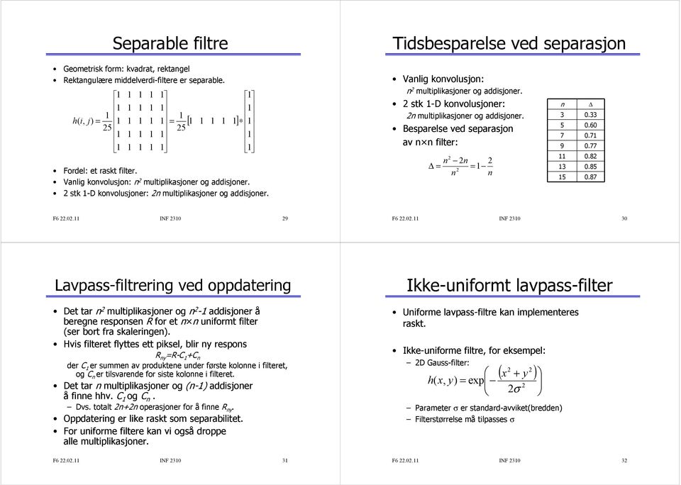 stk -D konvolusjoner: n multiplikasjoner og addisjoner. Besparelse ved separasjon av n n filter: n n n n n 3 0.