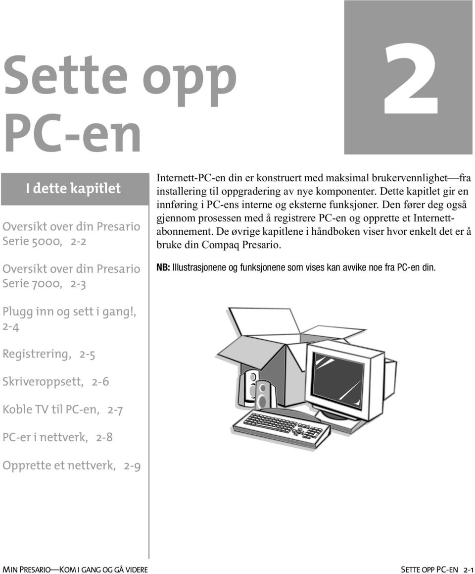 Den fører deg også gjennom prosessen med å registrere PC-en og opprette et Internettabonnement. De øvrige kapitlene i håndboken viser hvor enkelt det er å bruke din Compaq Presario.