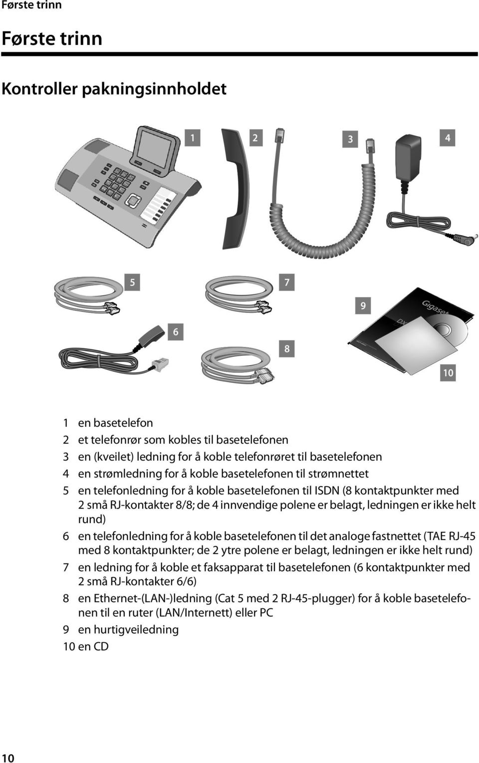 er belagt, ledningen er ikke helt rund) 6 en telefonledning for å koble basetelefonen til det analoge fastnettet (TAE RJ-45 med 8 kontaktpunkter; de 2 ytre polene er belagt, ledningen er ikke helt