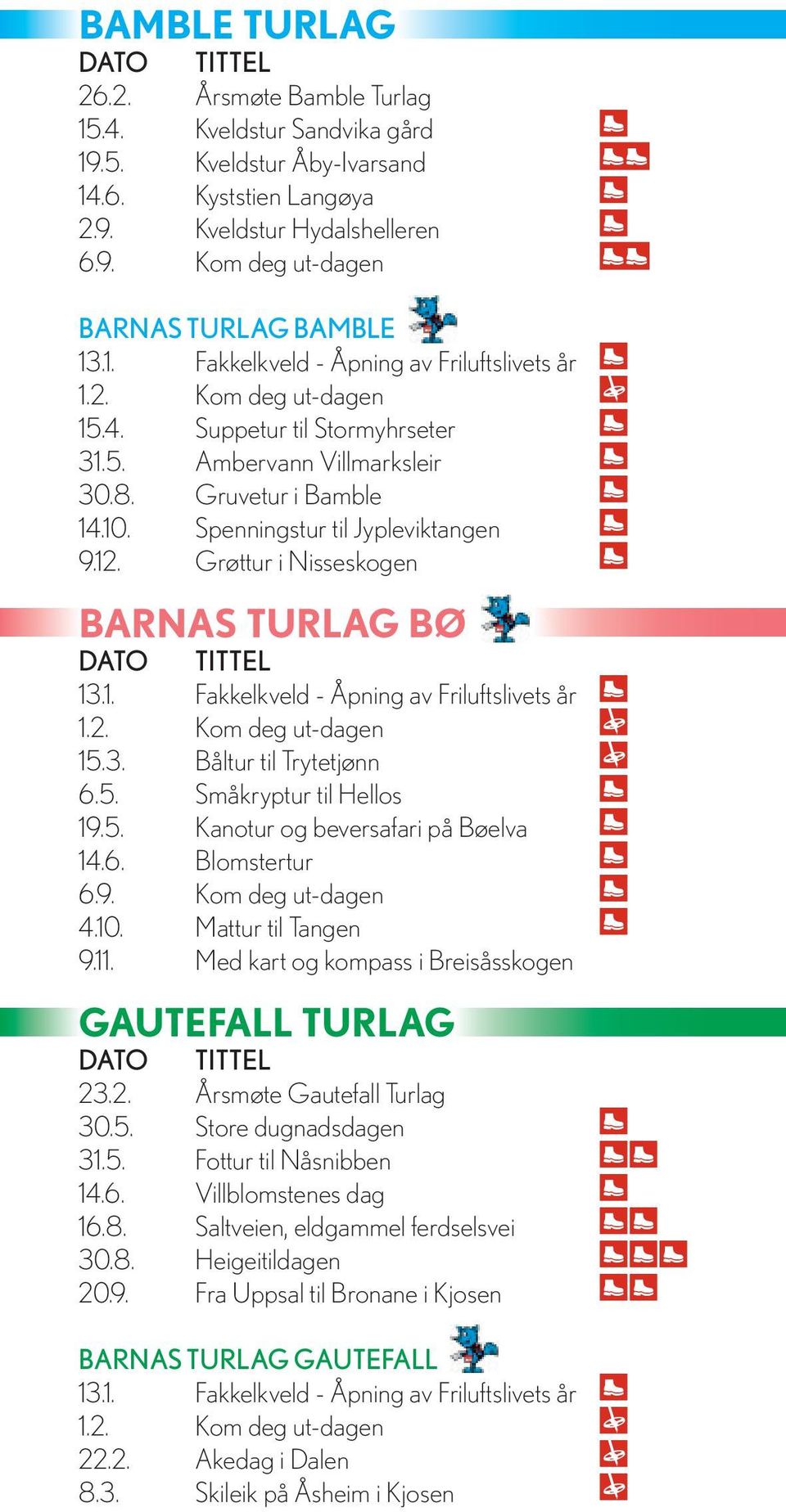 2. 15.3. Båltur til Trytetjønn 6.5. Småkryptur til Hellos 19.5. Kanotur og beversafari på Bøelva 14.6. Blomstertur 6.9. 4.10. Mattur til Tangen 9.11.