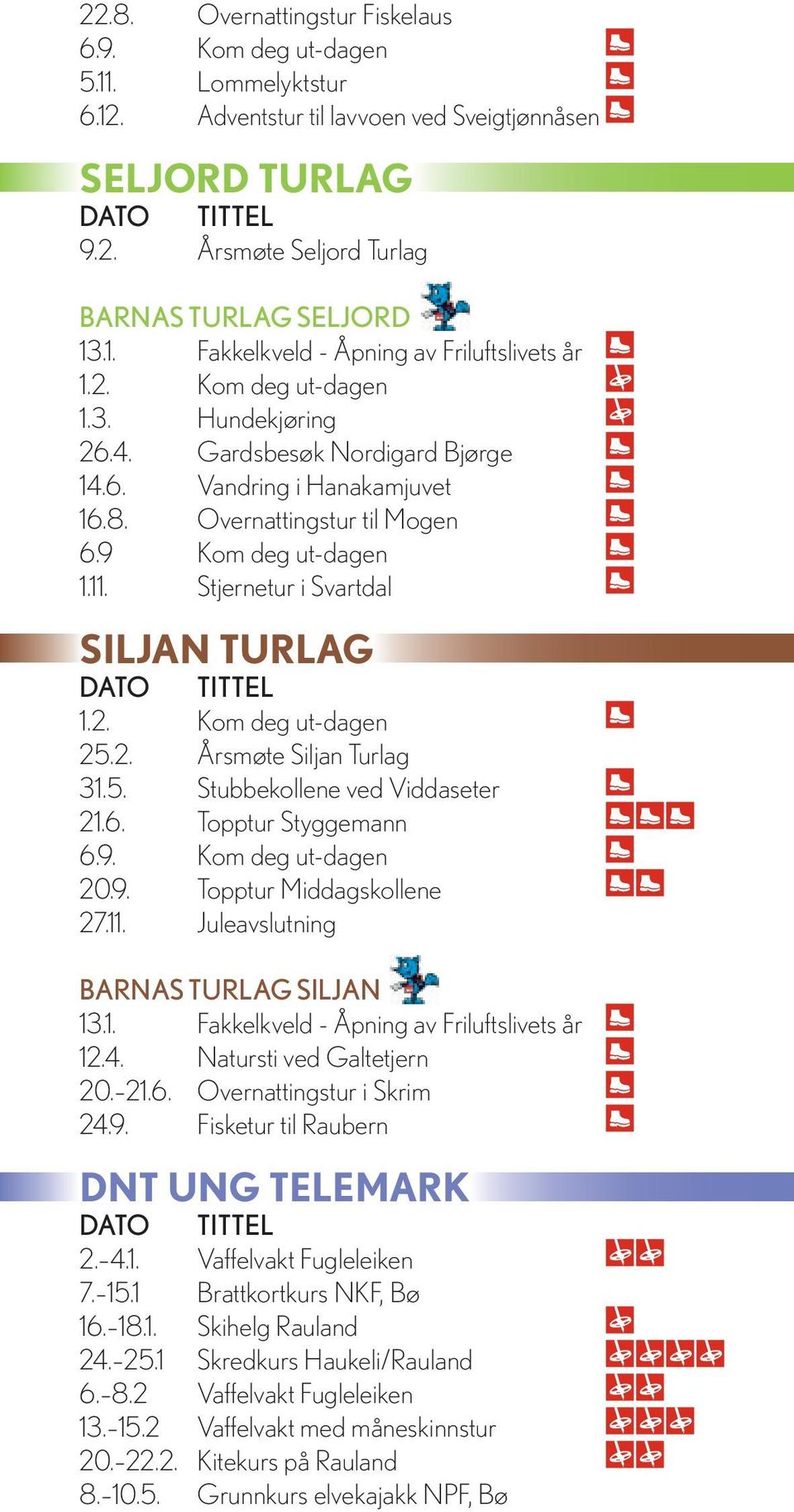 5. Stubbekollene ved Viddaseter 21.6. Topptur Styggemann 6.9. 20.9. Topptur Middagskollene 27.11. Juleavslutning BARNAS TURLAG SILJAN 13.1. Fakkelkveld - Åpning av Friluftslivets år 12.4.