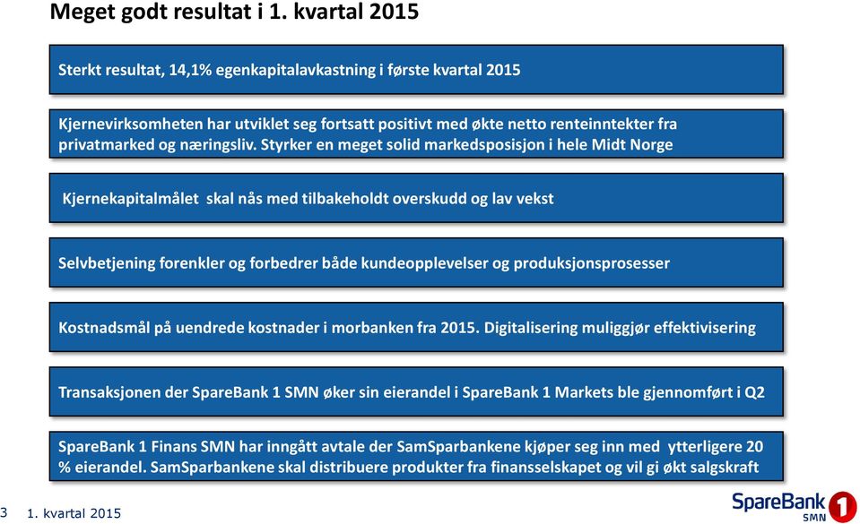 Styrker en meget solid markedsposisjon i hele Midt Norge Kjernekapitalmålet skal nås med tilbakeholdt overskudd og lav vekst Selvbetjening forenkler og forbedrer både kundeopplevelser og