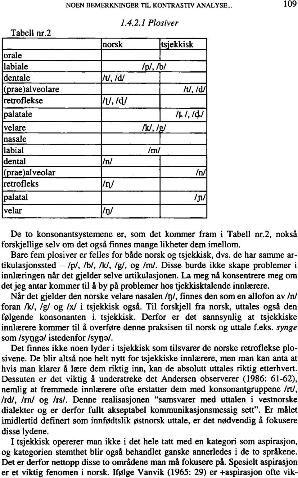 konsonantsystemene er, som det kommer fram i Tabell nr.2, noksá forskjellige selv om det ogsá finnes mange likheter dem imellom. Bare fem plosiver er felles for báde norsk og tsjekkisk, dvs.