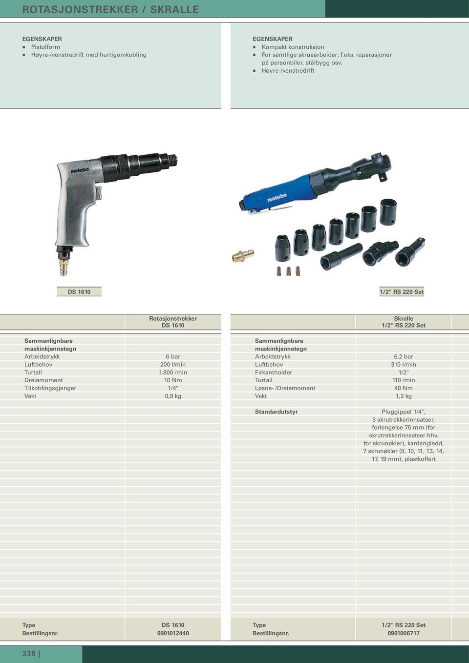 800 /min Dreiemoment 10 Nm Tilkoblingsgjenger 1/4" 0,9 kg Skralle 1/2" RS 220 Set 6,2 bar 310 l/min Firkantholder 1/2" Turtall 110 /min Løsne- /Dreiemoment 40 Nm 1,2 kg