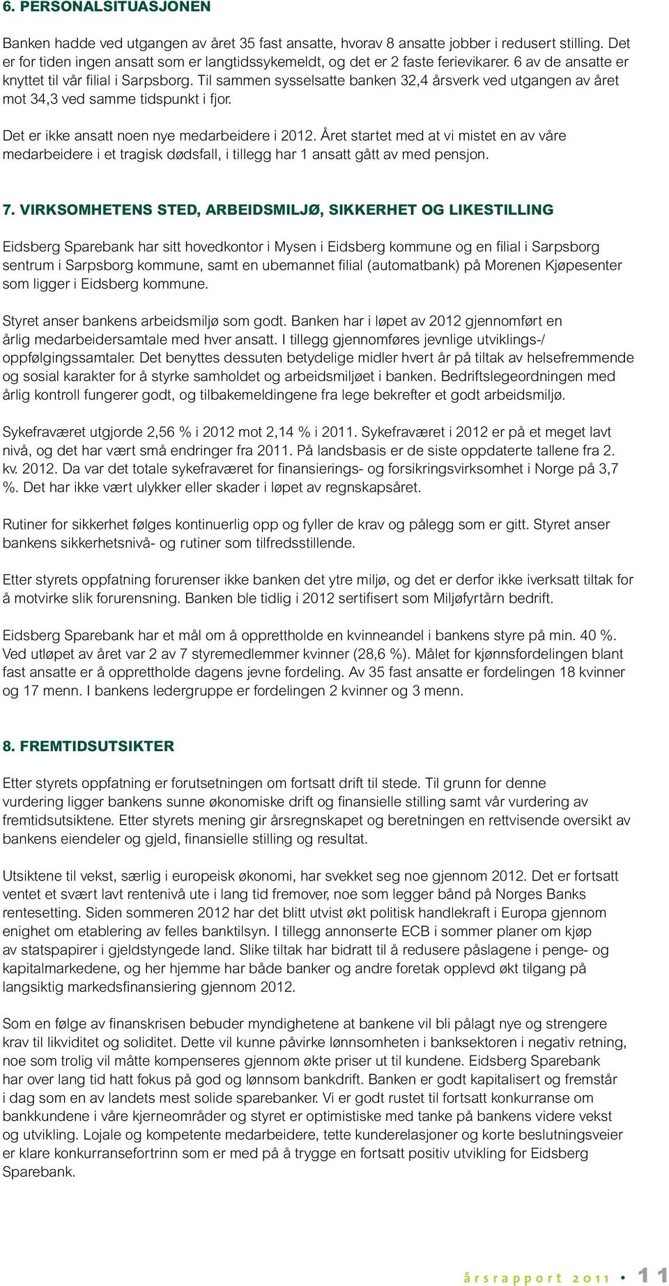 Til sammen sysselsatte banken 32,4 årsverk ved utgangen av året mot 34,3 ved samme tidspunkt i fjor. Det er ikke ansatt noen nye medarbeidere i 2012.