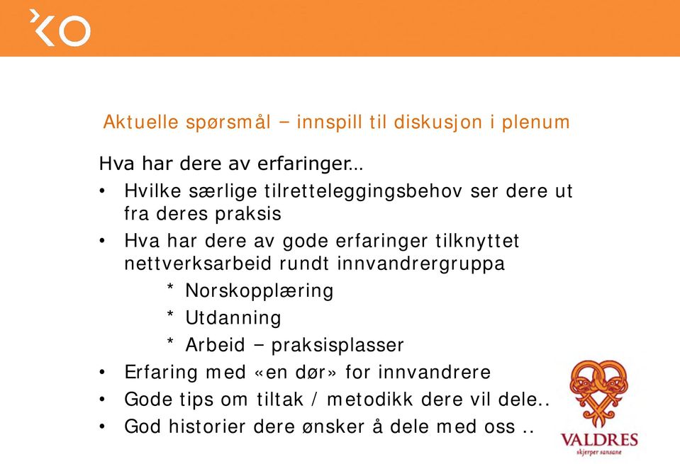 nettverksarbeid rundt innvandrergruppa * Norskopplæring * Utdanning * Arbeid praksisplasser Erfaring