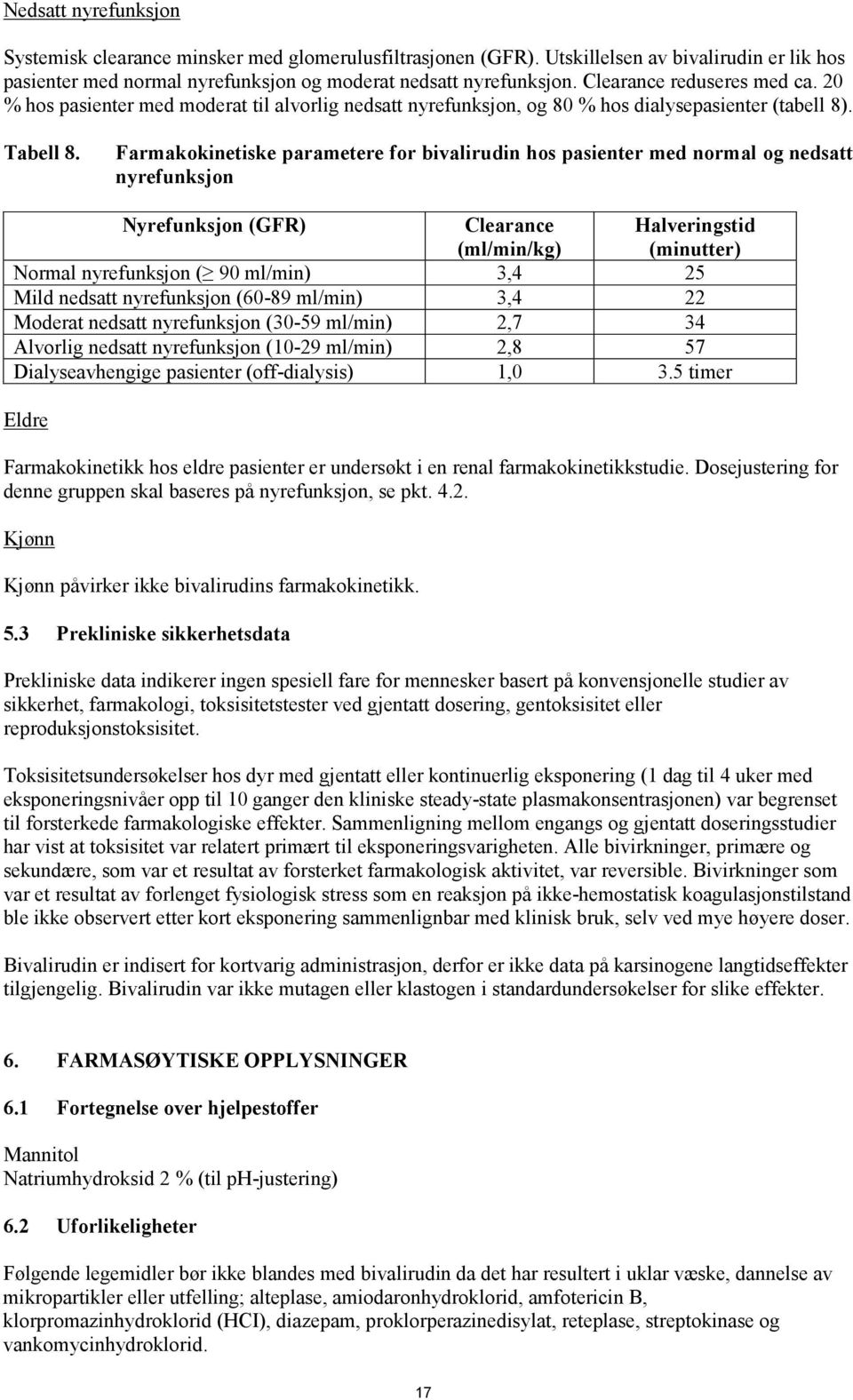 Farmakokinetiske parametere for bivalirudin hos pasienter med normal og nedsatt nyrefunksjon Nyrefunksjon (GFR) Clearance (ml/min/kg) Halveringstid (minutter) Normal nyrefunksjon ( 90 ml/min) 3,4 25