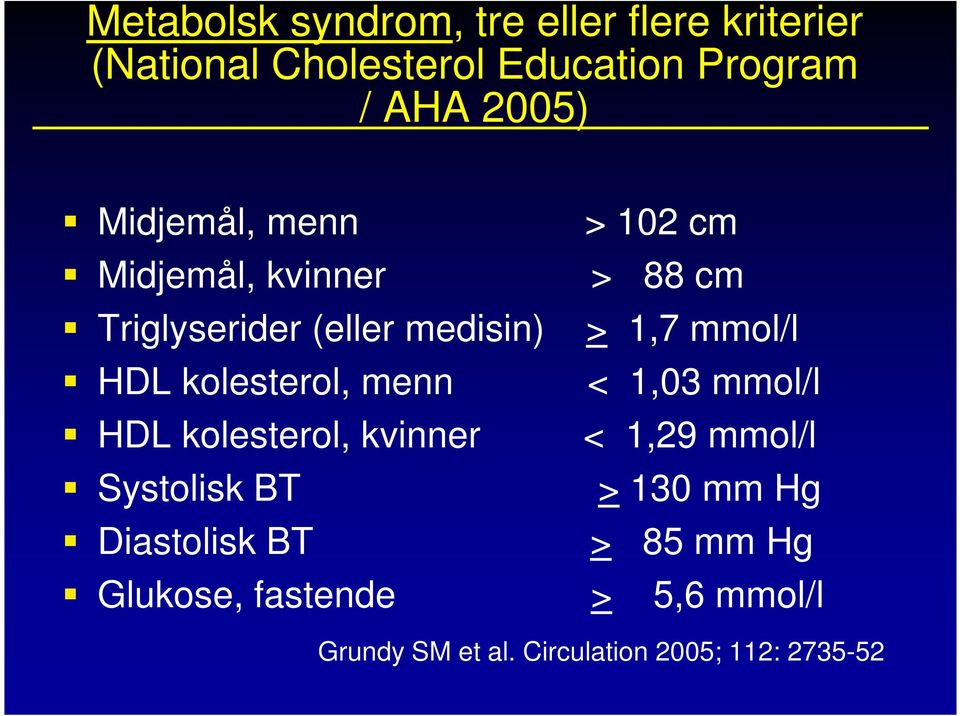 kolesterol, menn < 1,03 mmol/l HDL kolesterol, kvinner < 1,29 mmol/l Systolisk BT > 130 mm Hg