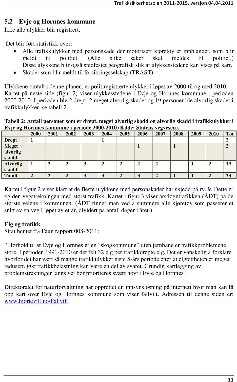 Ulykkene omtalt i denne planen, er politiregistrerte ulykker i løpet av 2000 til og med 2010. Kartet på neste side (figur 2) viser ulykkesstedene i Evje og Hornnes kommune i perioden 2000-2010.