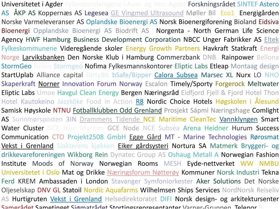 NBCC Unger Fabrikker AS Eltek Fylkeskommunene Videregående skoler Energy Growth Partners Havkraft Statkraft Energi Norge Larviksbanken Den Norske Klub i Hamburg Commerzbank DNB Rainpower Bellona