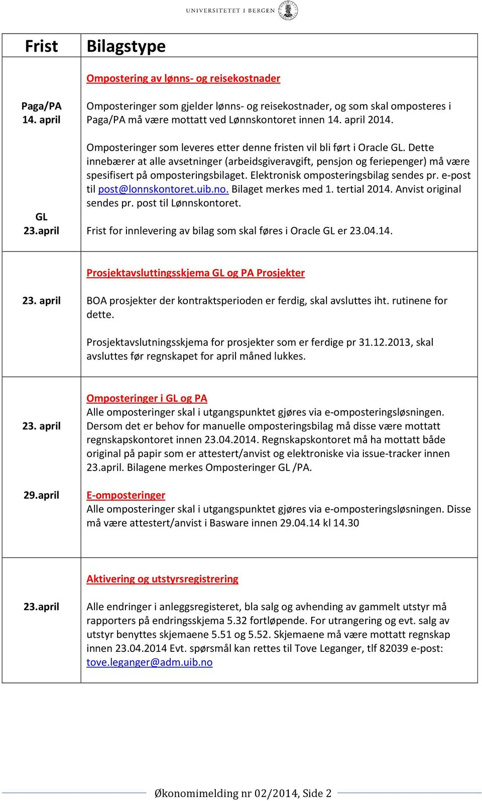 Omposteringer som leveres etter denne fristen vil bli ført i Oracle GL. Dette innebærer at alle avsetninger (arbeidsgiveravgift, pensjon og feriepenger) må være spesifisert på omposteringsbilaget.