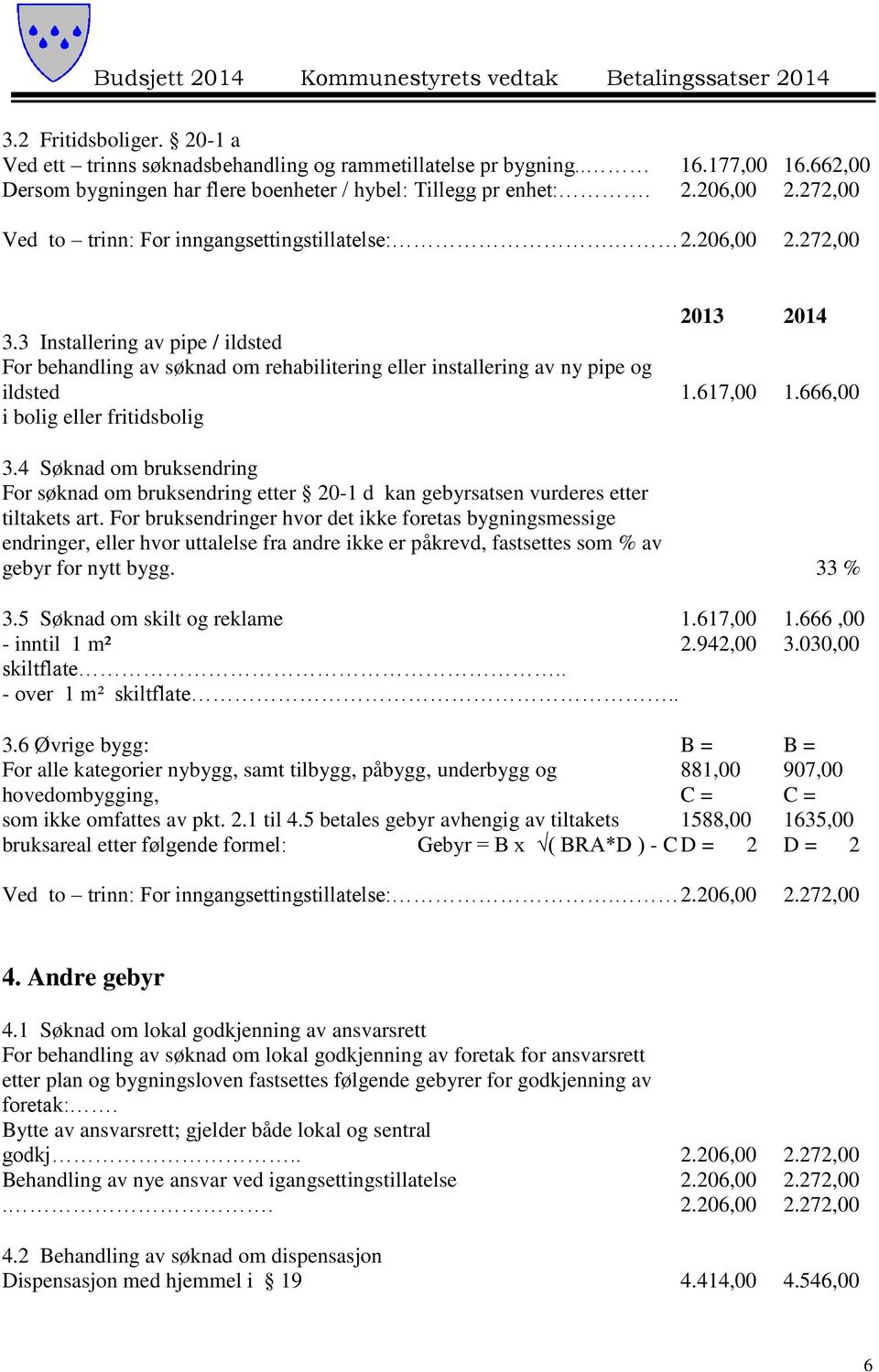 3 Installering av pipe / ildsted For behandling av søknad om rehabilitering eller installering av ny pipe og ildsted i bolig eller fritidsbolig 2013 2014 1.617,00 1.666,00 3.