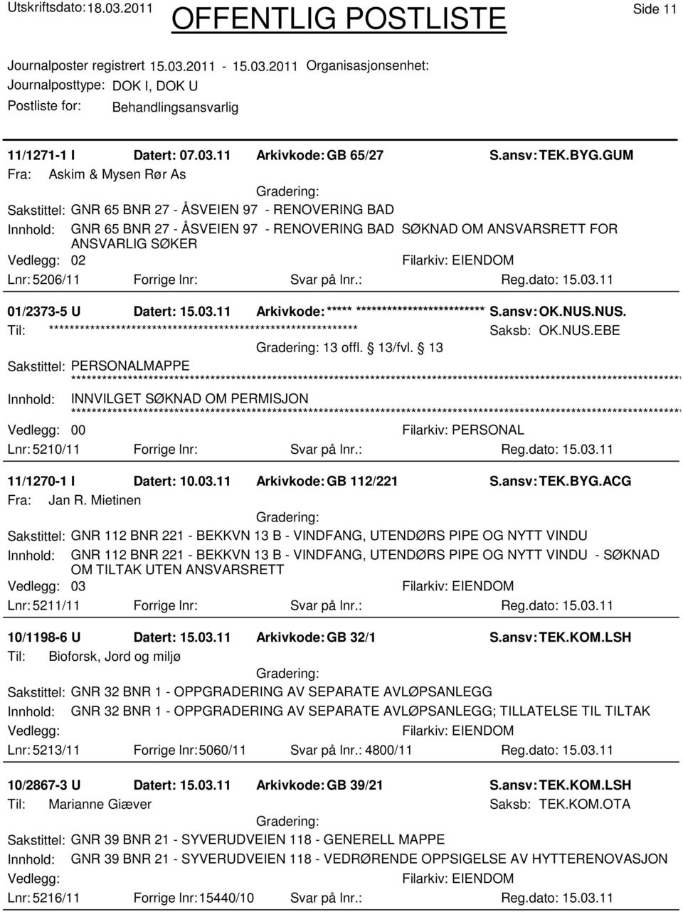 Forrige lnr: Svar på lnr.: 01/2373-5 U Datert: 15.03.11 Arkivkode:***** ****************************** S.ansv: OK.NUS.NUS. Til: ************************************************************ Saksb: OK.