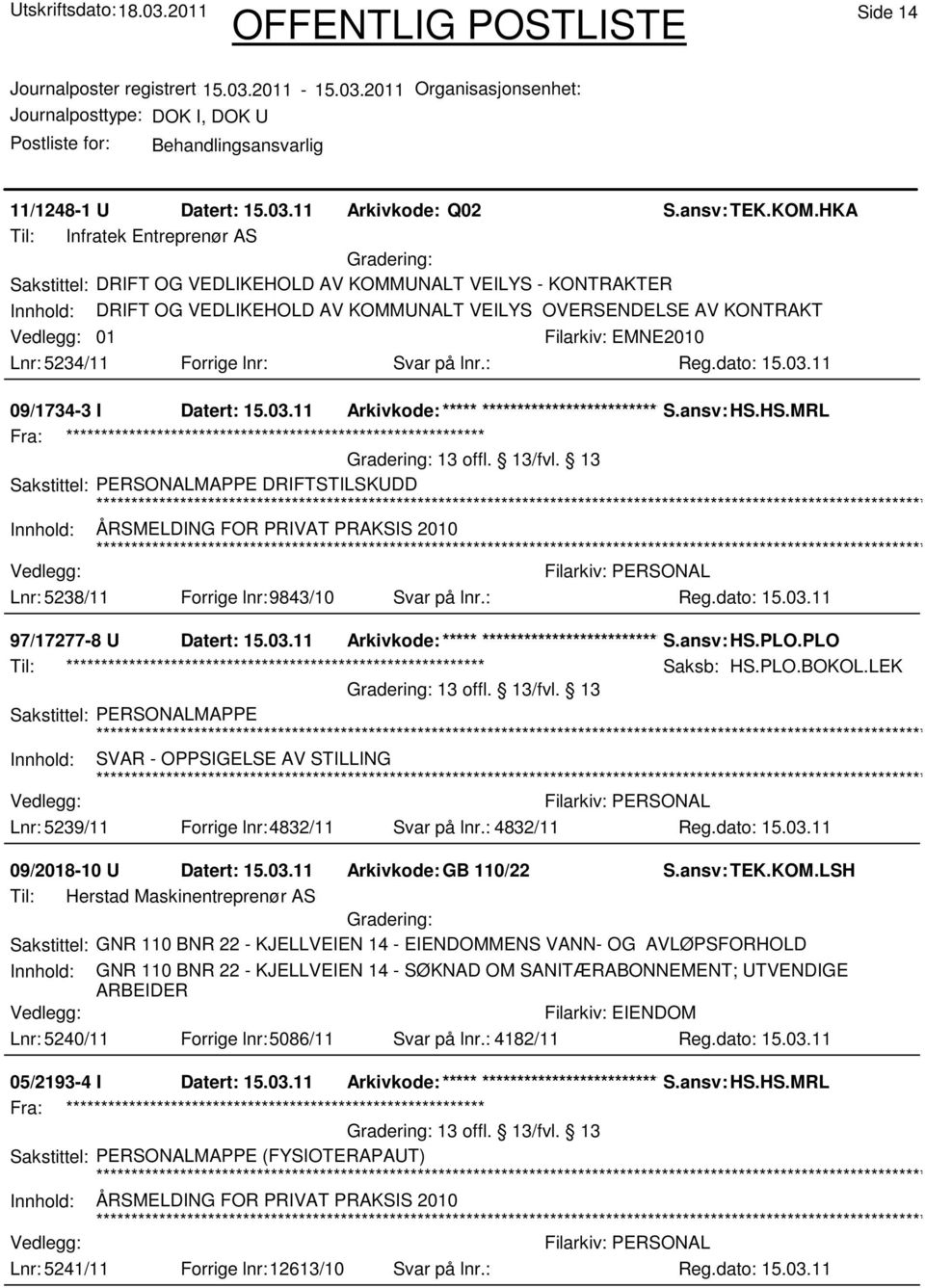 lnr: Svar på lnr.: 09/1734-3 I Datert: 15.03.11 Arkivkode:***** ****************************** S.ansv: HS.HS.MRL Fra: ************************************************************ 13 offl. 13/fvl.