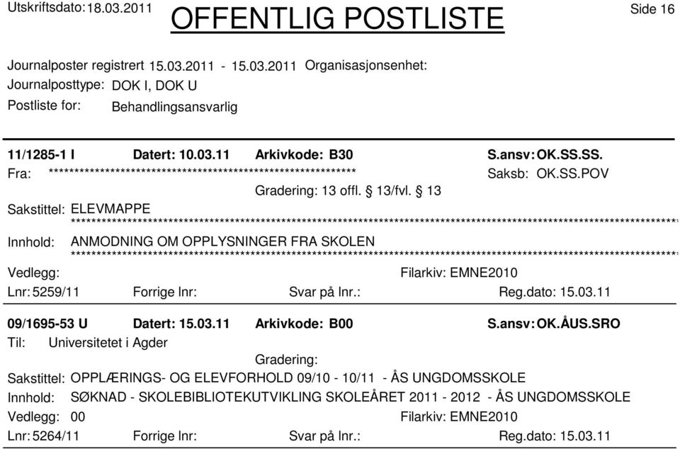 13 Innhold: ANMODNING OM OPPLYSNINGER FRA SKOLEN Lnr: 5259/11 Forrige lnr: Svar på lnr.: 09/1695-53 U Datert: 15.03.11 Arkivkode: B00 S.