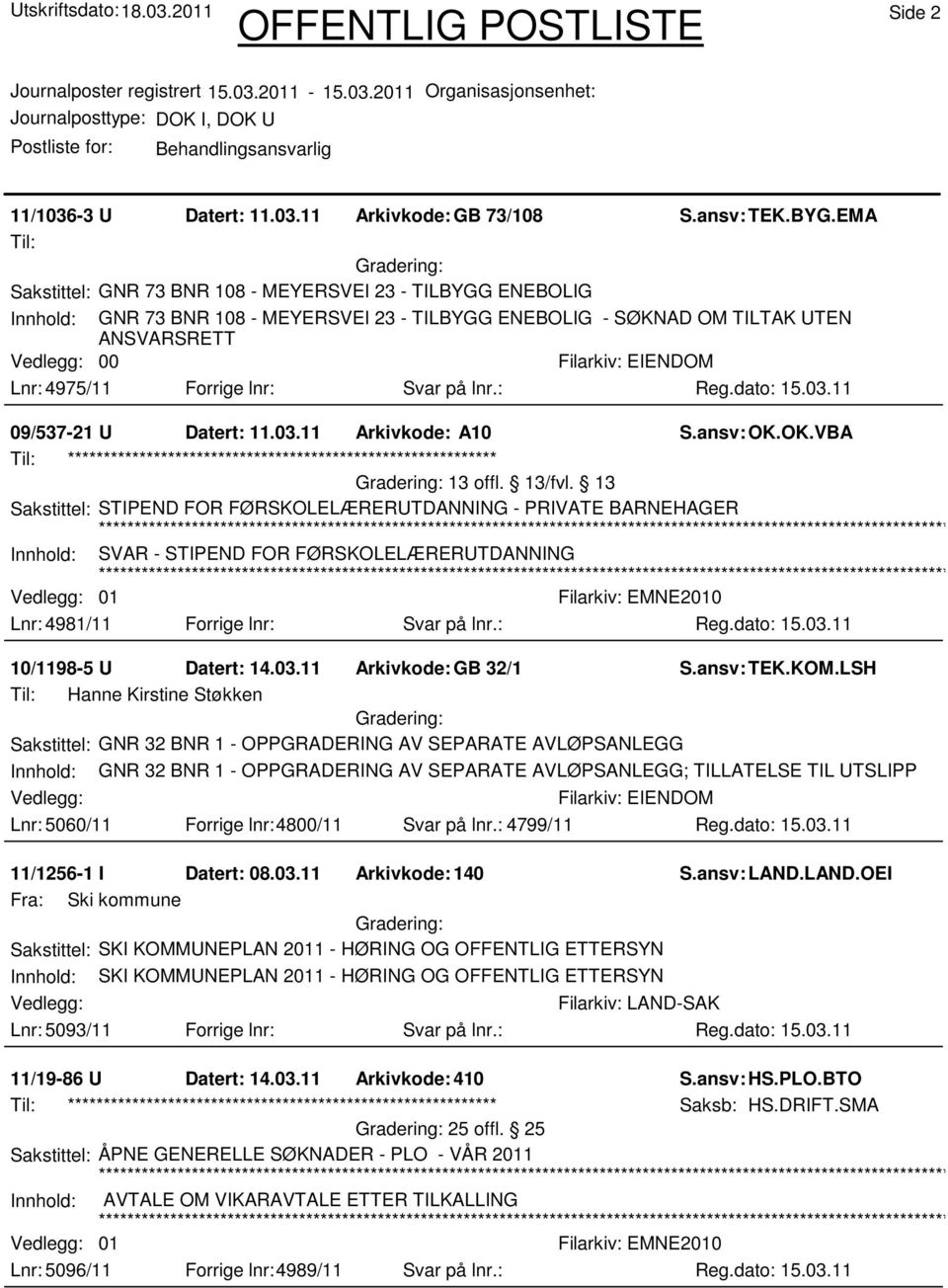 på lnr.: 09/537-21 U Datert: 11.03.11 Arkivkode: A10 S.ansv: OK.OK.VBA Til: ************************************************************ 13 offl. 13/fvl.