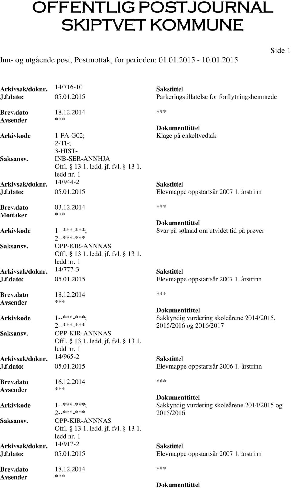 2014 *** Mottaker *** 1--***-***; Svar på søknad om utvidet tid på prøver OPP-KIR-ANNNAS Arkivsak/doknr. 14/777-3 Sakstittel J.f.dato: 05.01.2015 Elevmappe oppstartsår 2007 1. årstrinn Brev.dato 18.