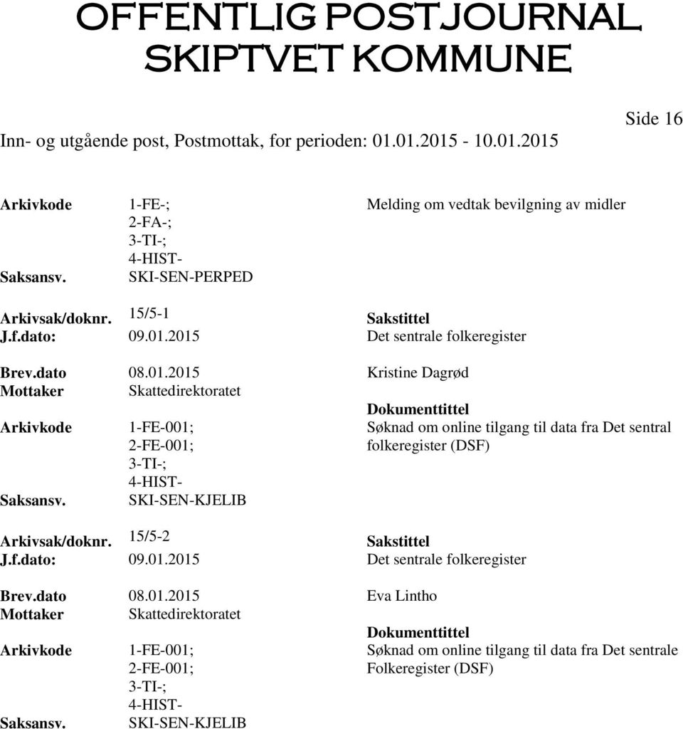 tilgang til data fra Det sentral folkeregister (DSF) SKI-SEN-KJELIB Arkivsak/doknr. 15/5-2 Sakstittel J.f.dato: 09.01.