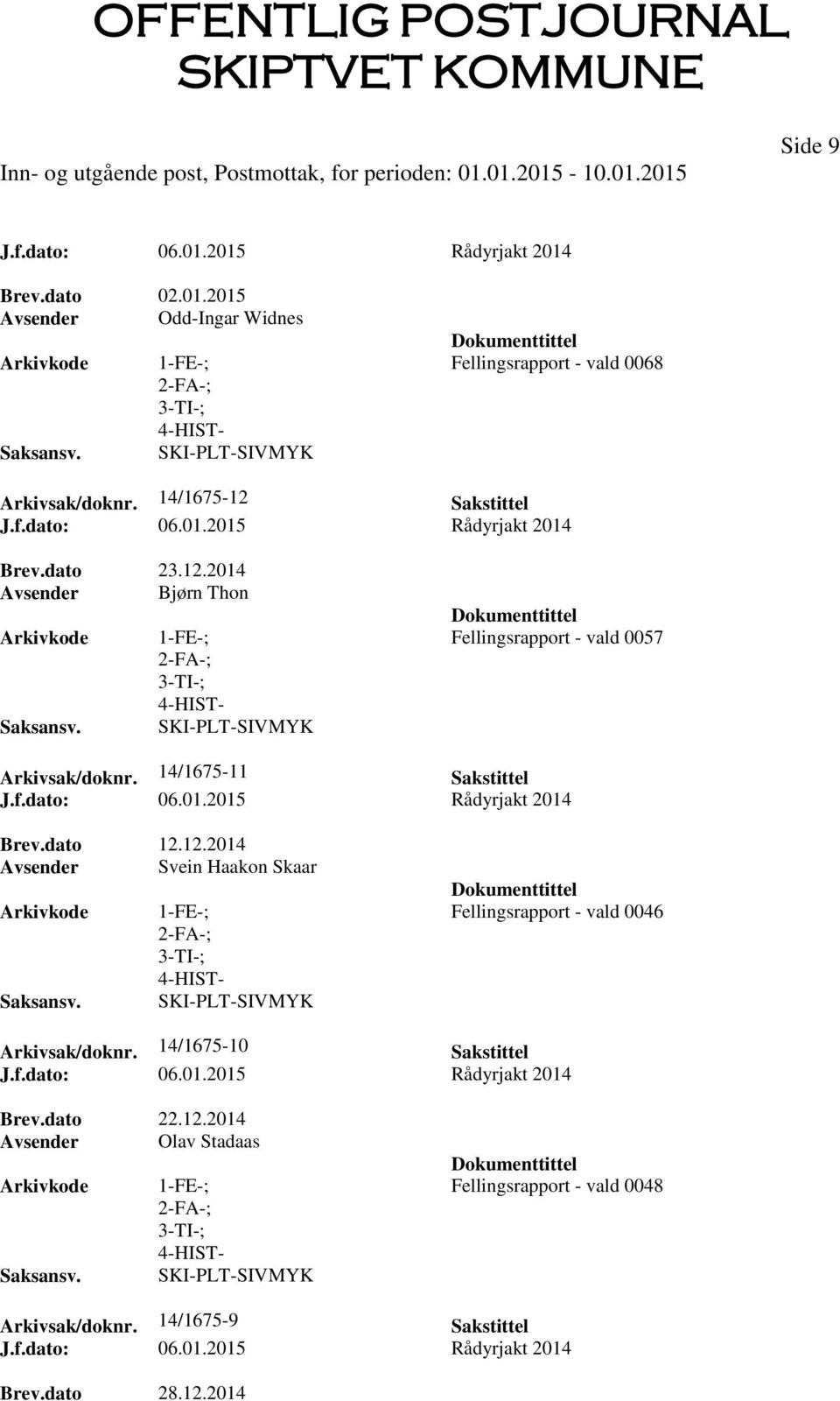 14/1675-11 Sakstittel Brev.dato 12.12.2014 Avsender Svein Haakon Skaar Fellingsrapport - vald 0046 Arkivsak/doknr.