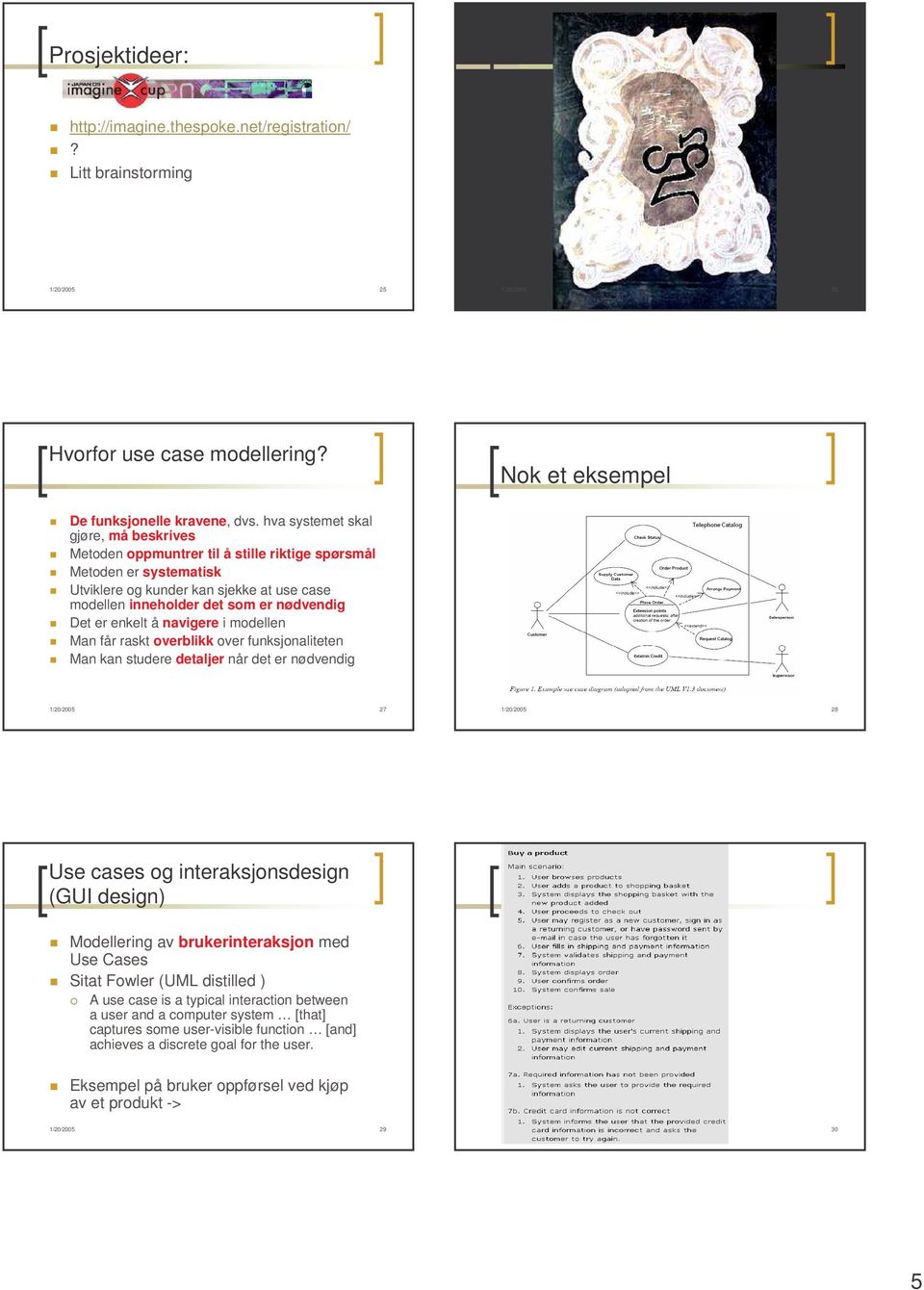 er enkelt å navigere i modellen Man får raskt overblikk over funksjonaliteten Man kan studere detaljer når det er nødvendig 1/20/2005 27 1/20/2005 28 Use cases og interaksjonsdesign (GUI design)