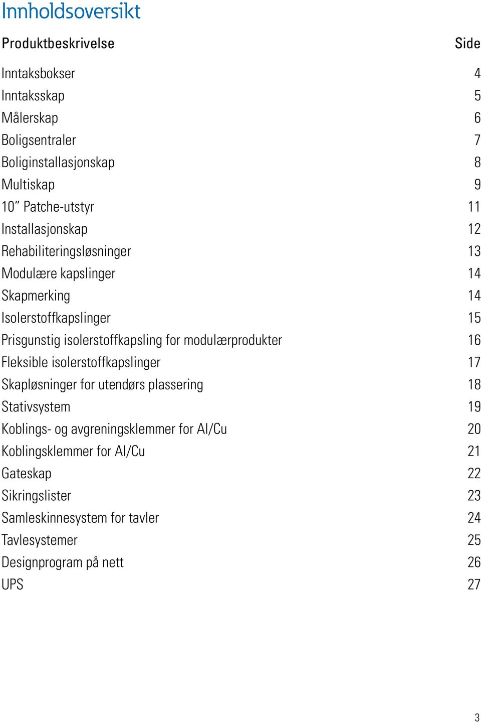 isolerstoffkapsling for modulærprodukter 16 Fleksible isolerstoffkapslinger 17 Skapløsninger for utendørs plassering 18 Stativsystem 19 Koblings- og